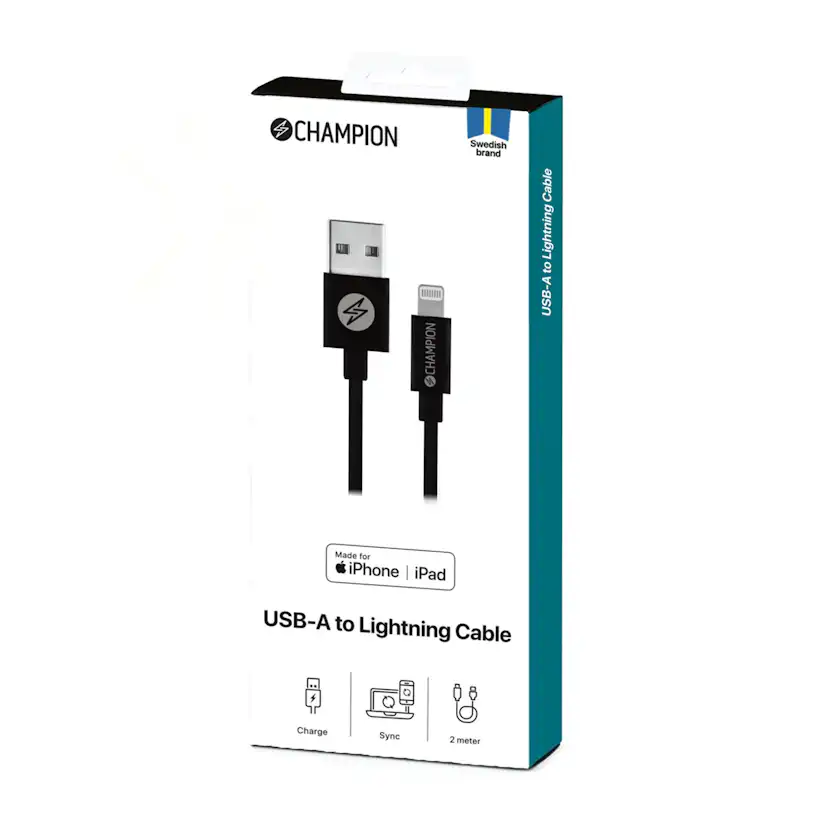 USB-A Champion till Lightning Kabel 2m Svart