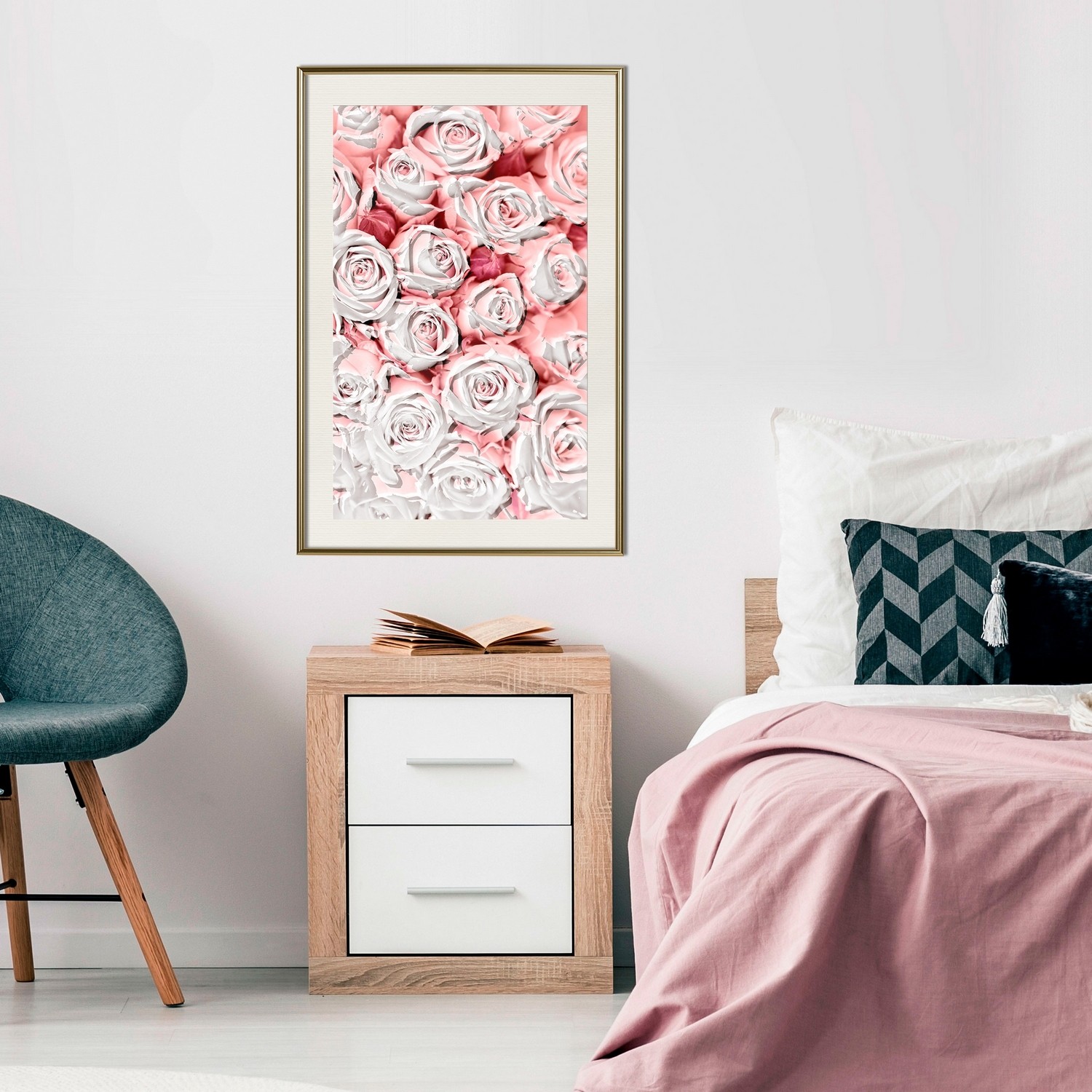 Affisch - White Roses [Poster] 30x45 Guld ram med passepartout, 30x45 cm
