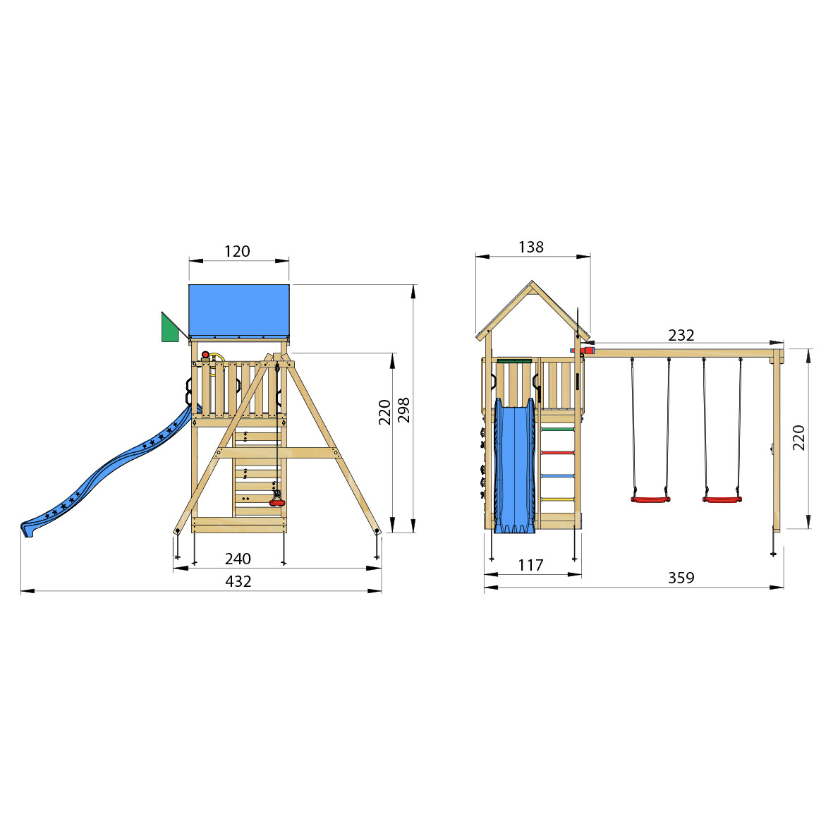 Lektorn Jungle Gym Lodge 2.1 m/2 Swing Modul Med Blå Rutschkana