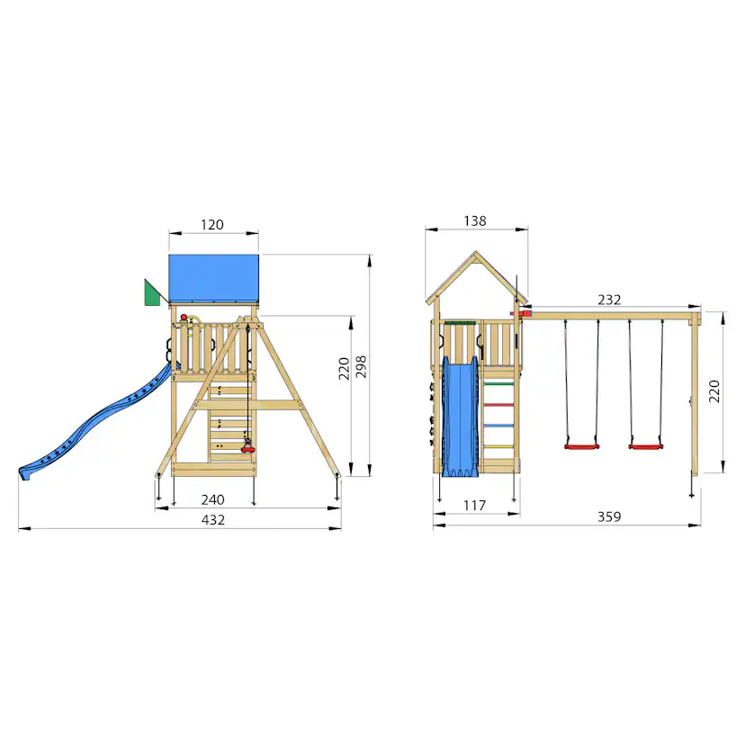 Lektorn Jungle Gym Lodge 2.1 m/2 Swing Modul Med Blå Rutschkana