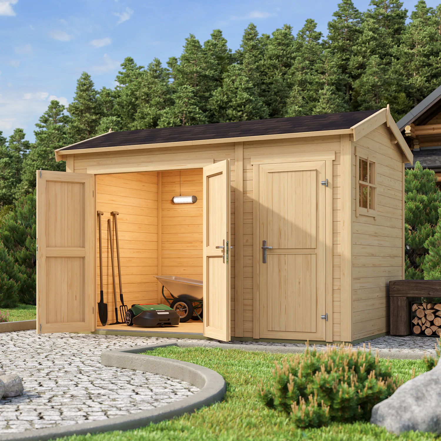 Förråd Landskap Skyla 7,5 m² Friggebod Byggsats med Sadeltak & Dubbeldörr