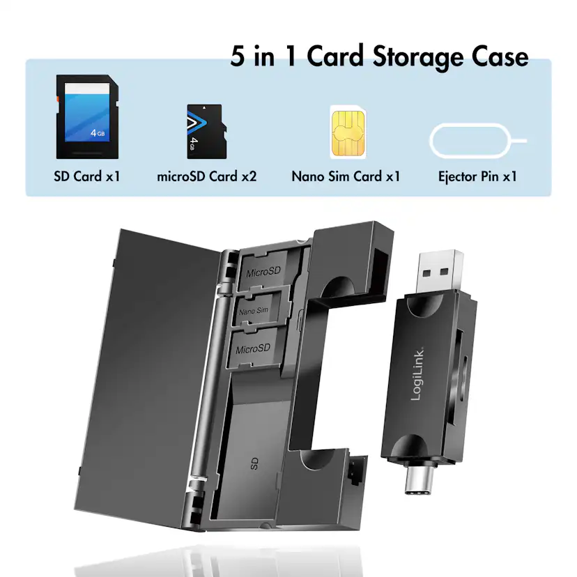 Minneskortsläsare LogiLink USB-C + USB-A MicroSD - och SD-kort inkl. Förvaring