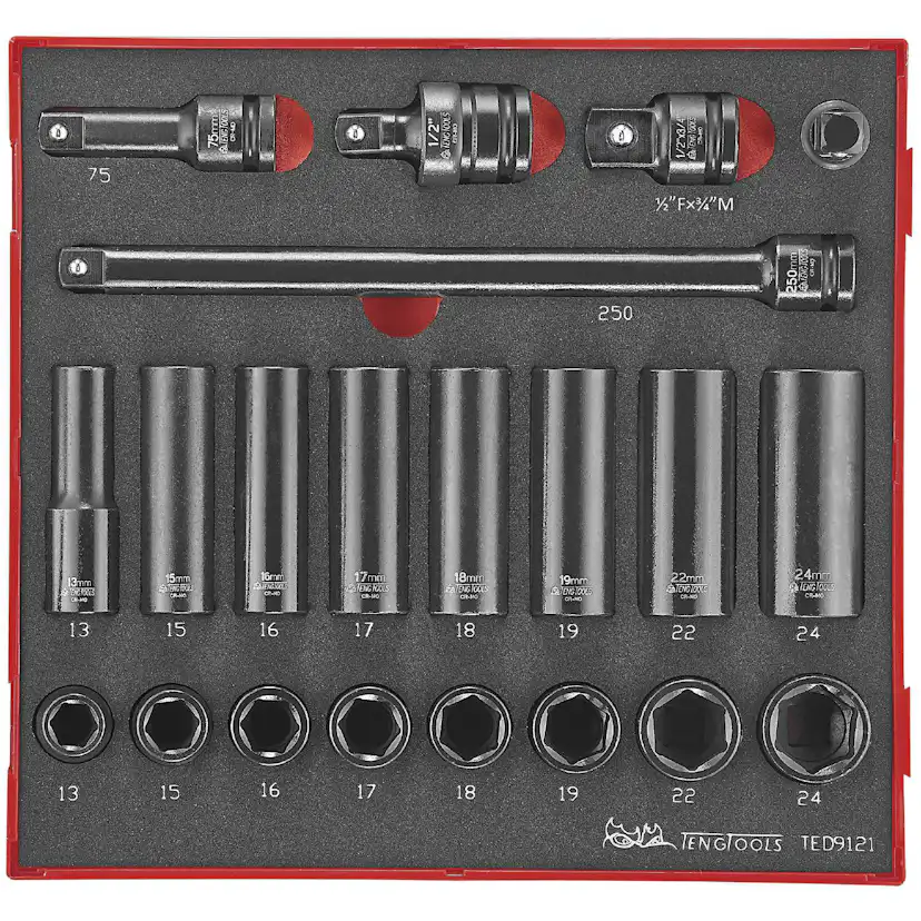 Krafthylssats 21 delar med 1/2 tum fyrkantsfäste Teng Tools TED 9121