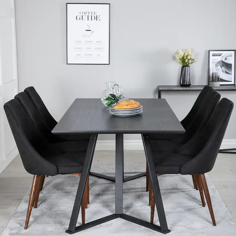 Marina Table - Black top /Leone Chair - Black Fabric_6 Svart/Svart/Valnöt