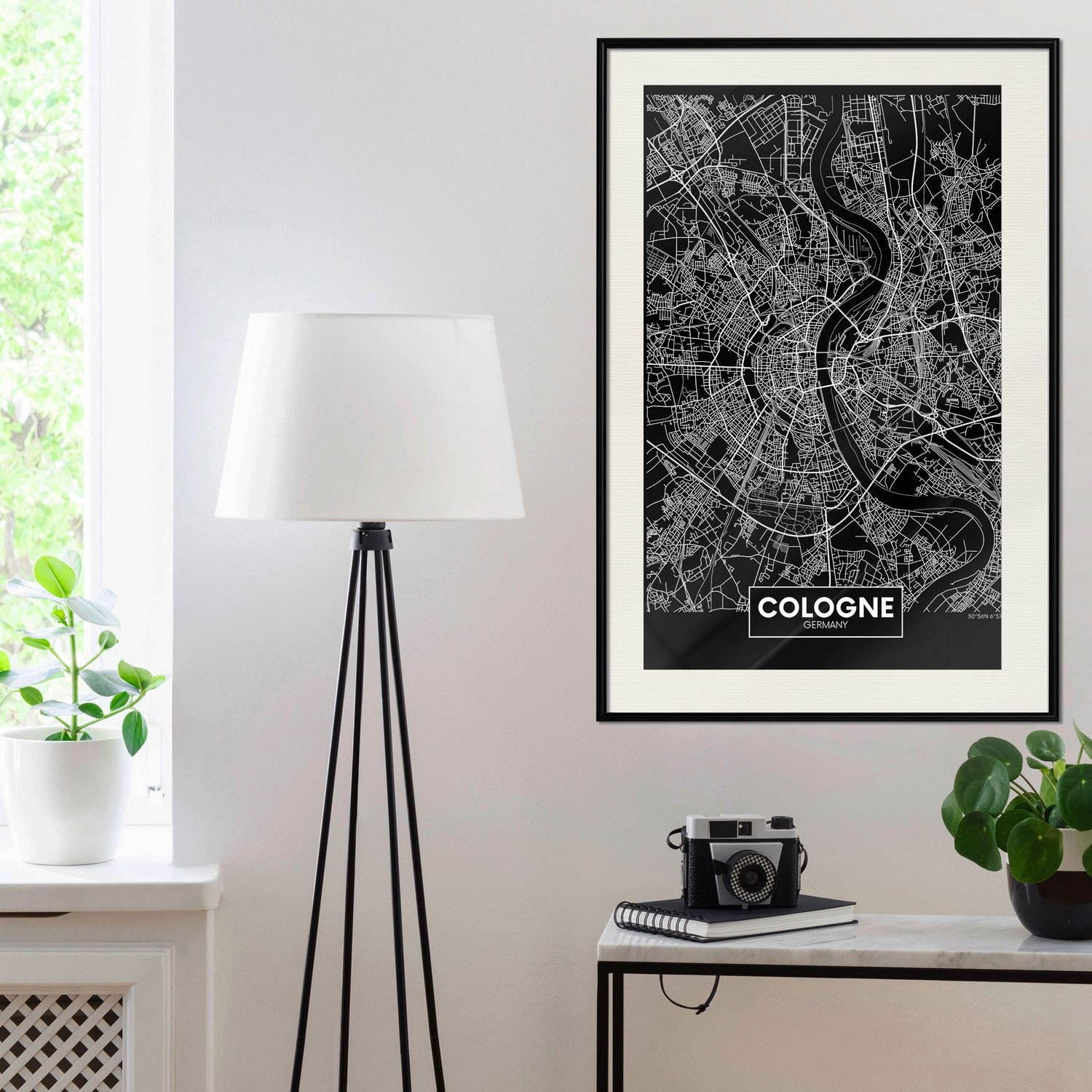 Affisch - Dark Map of Cologne [Poster] 40x60 Svart ram med passepartout, 40x60 cm