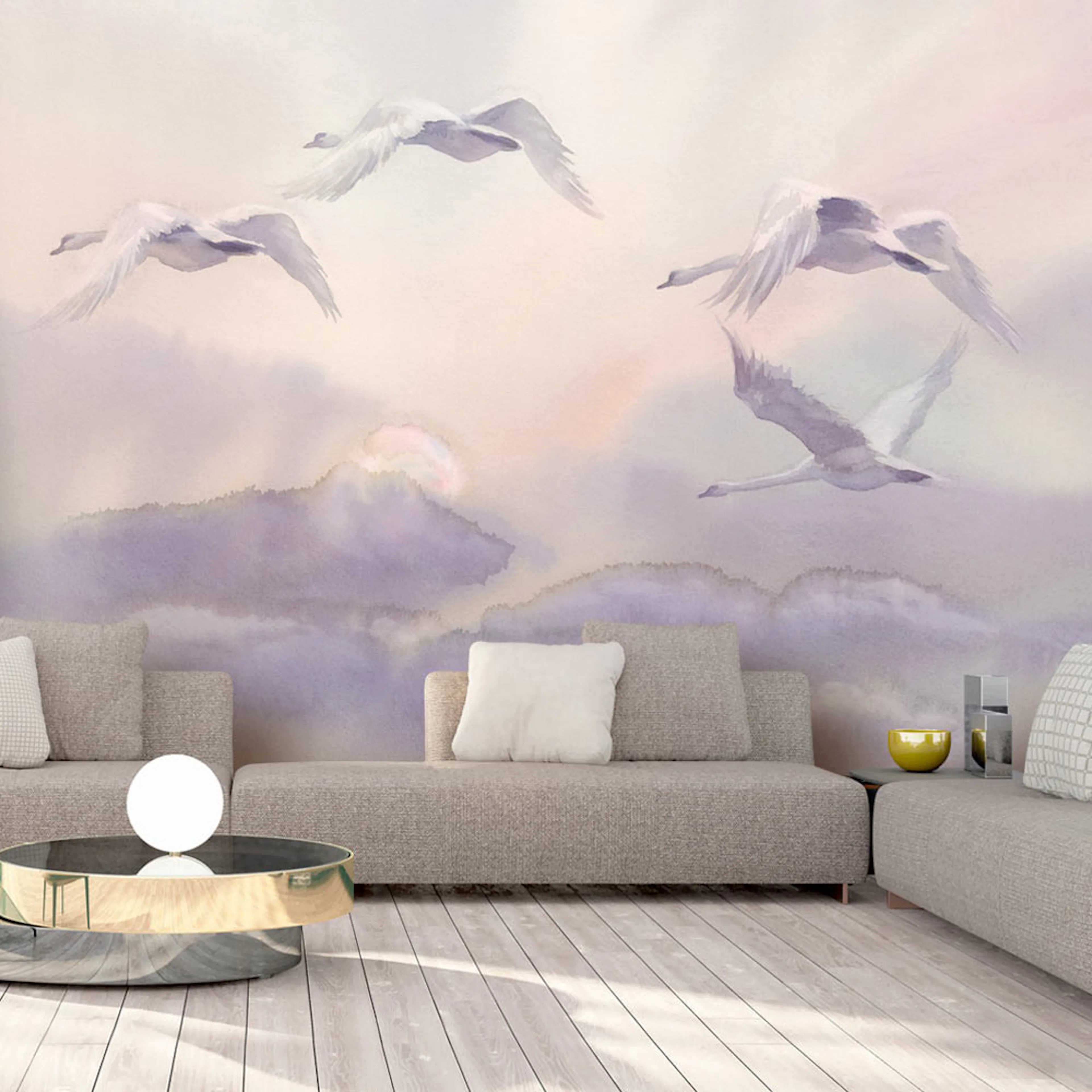 Fototapet Arkiio Självhäftande Flying Swans