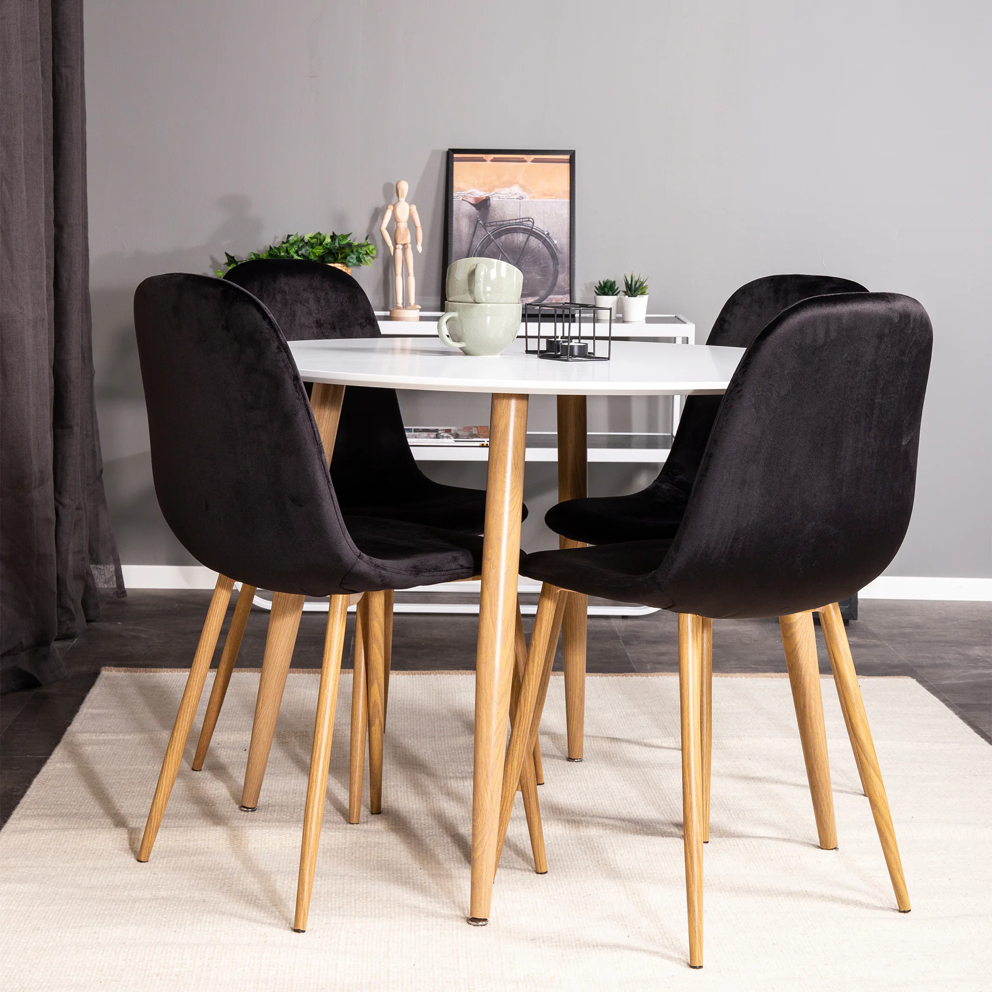 Plaza Table Oak/White ø100+Polar Oak-look leg/Black Velvet4 Vitt Bord med Ekben, Svart Stol med Ekben