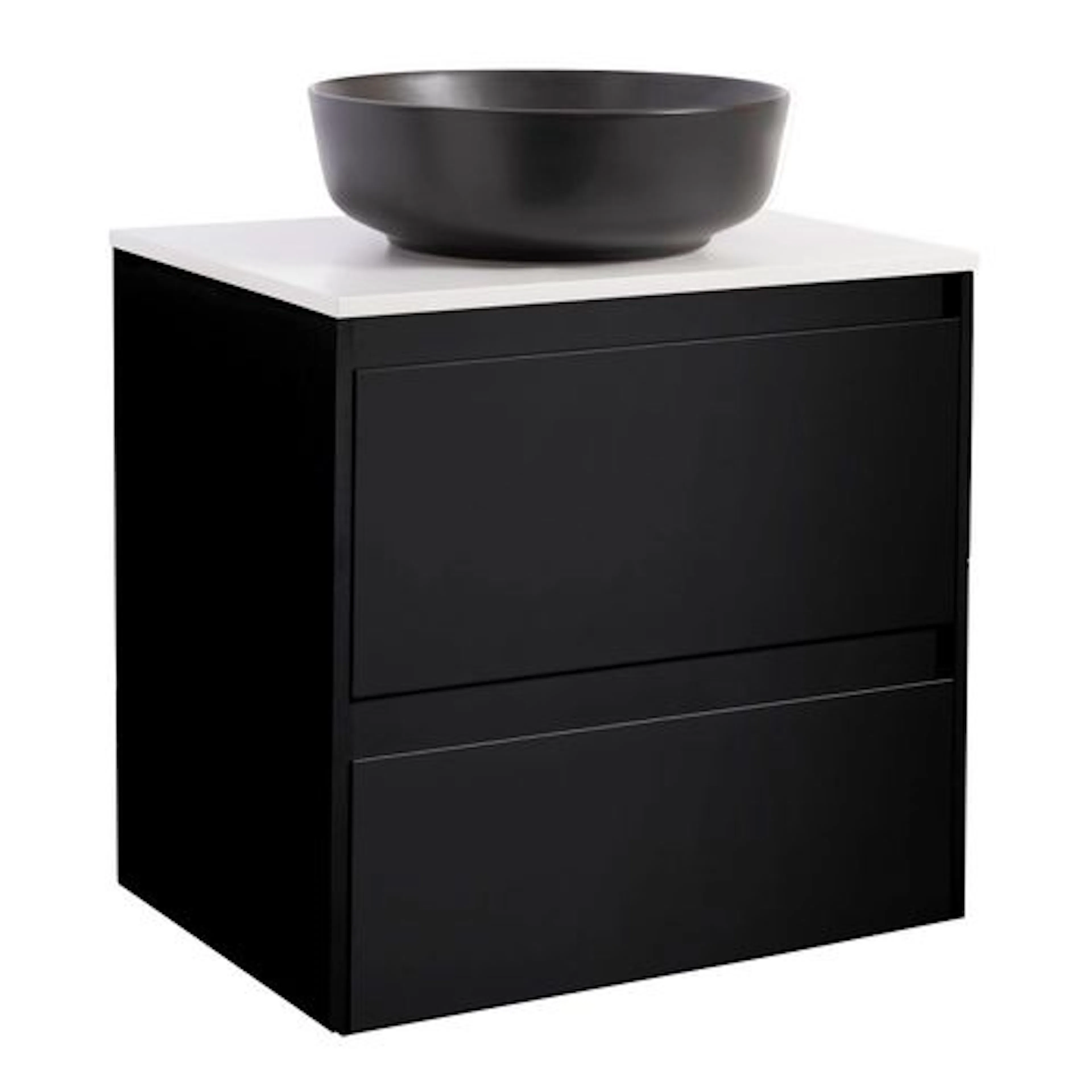 Luxor 60 Sv. Bs Vit+Ts Rund Sv Färg Tvättställsskåpet: Matt Svart, Färg Bänkskiva: Vit, Färg Tvättställ: Svart - B: 606 mm, H: 737 mm, D: 470 mm
