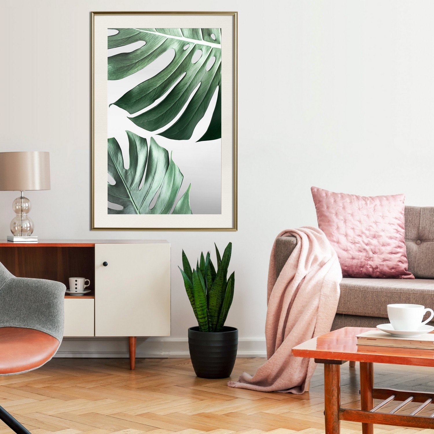 Affisch - Monstera Leaves [Poster] 20x30 Guld ram med passepartout, 20x30 cm