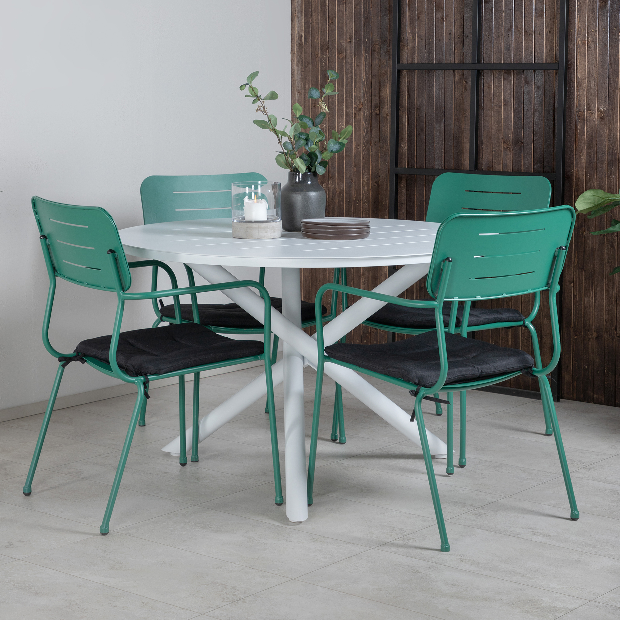 Alma Dining Table - White Alu - ø120cm+Nicke Dining chair w. Vit/Grön