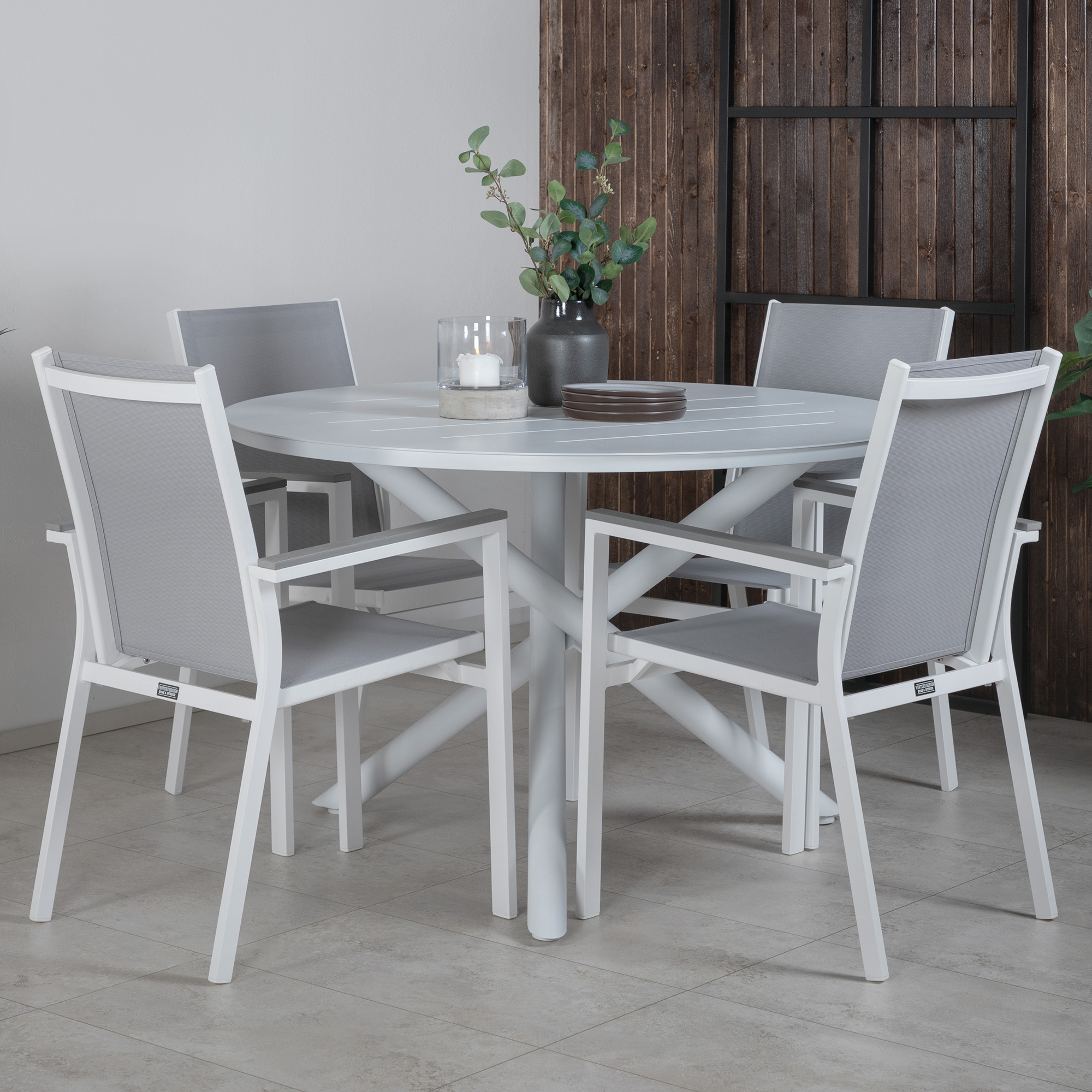 Alma Dining Table - White Alu - ø120cm+Parma Chair - White/G Vit