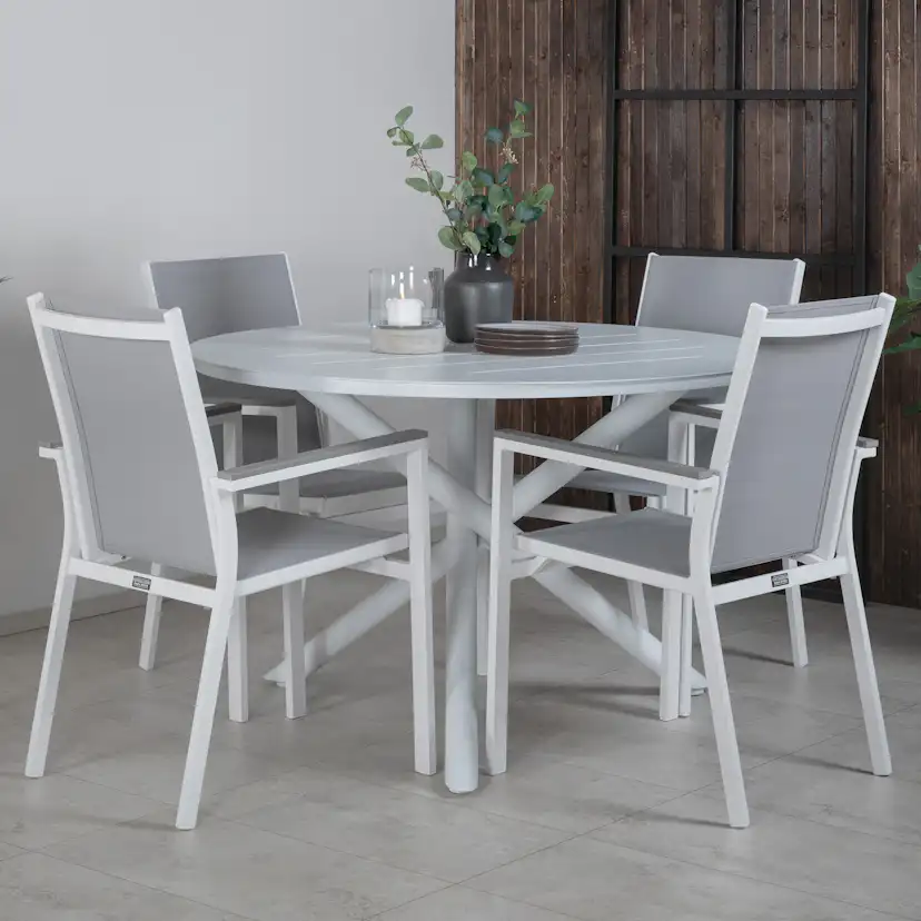 Alma Dining Table - White Alu - ø120cm+Parma Chair - White/G Vit