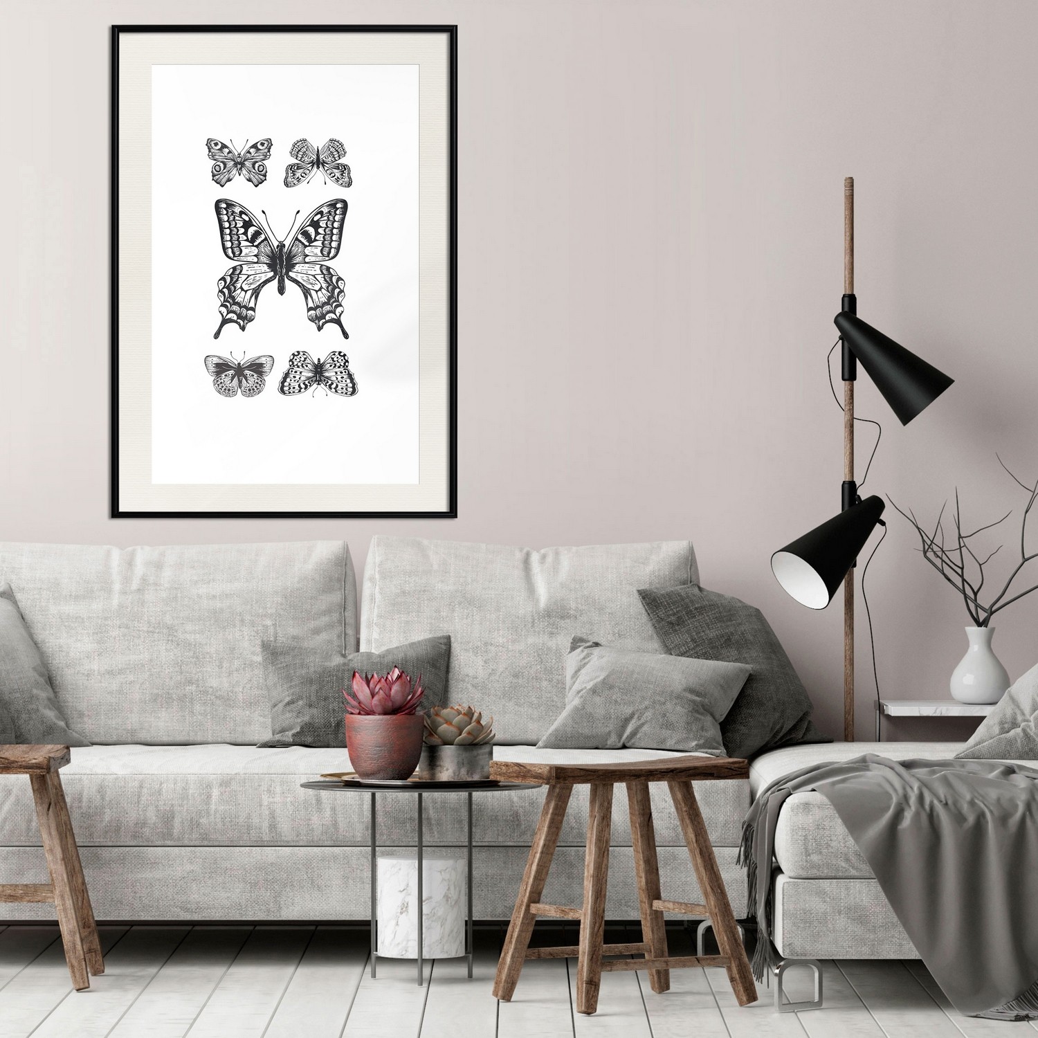 Affisch - Five Butterflies [Poster] 30x45 Svart ram med passepartout, 30x45 cm