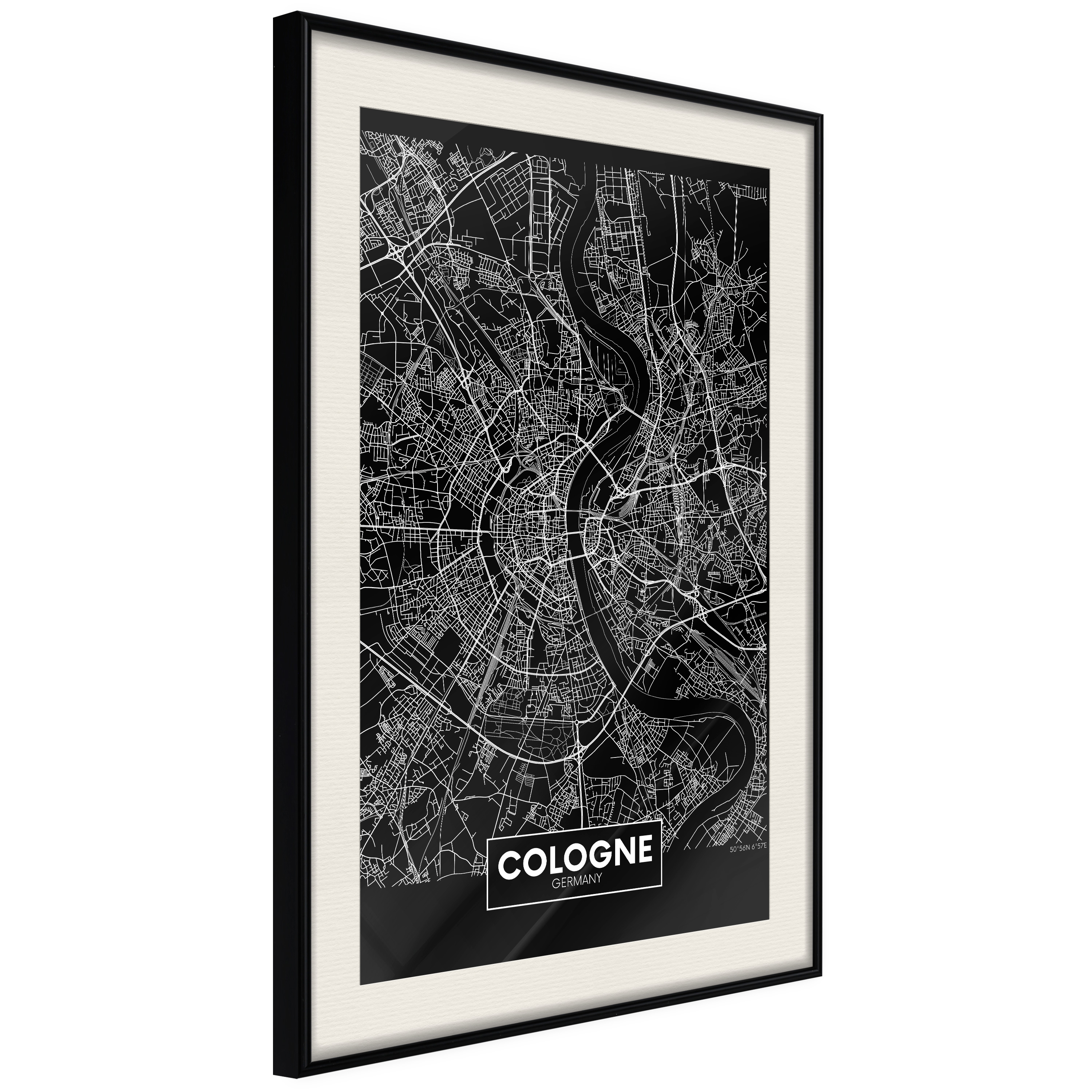 Affisch - Dark Map of Cologne [Poster] 40x60 Svart ram med passepartout, 40x60 cm