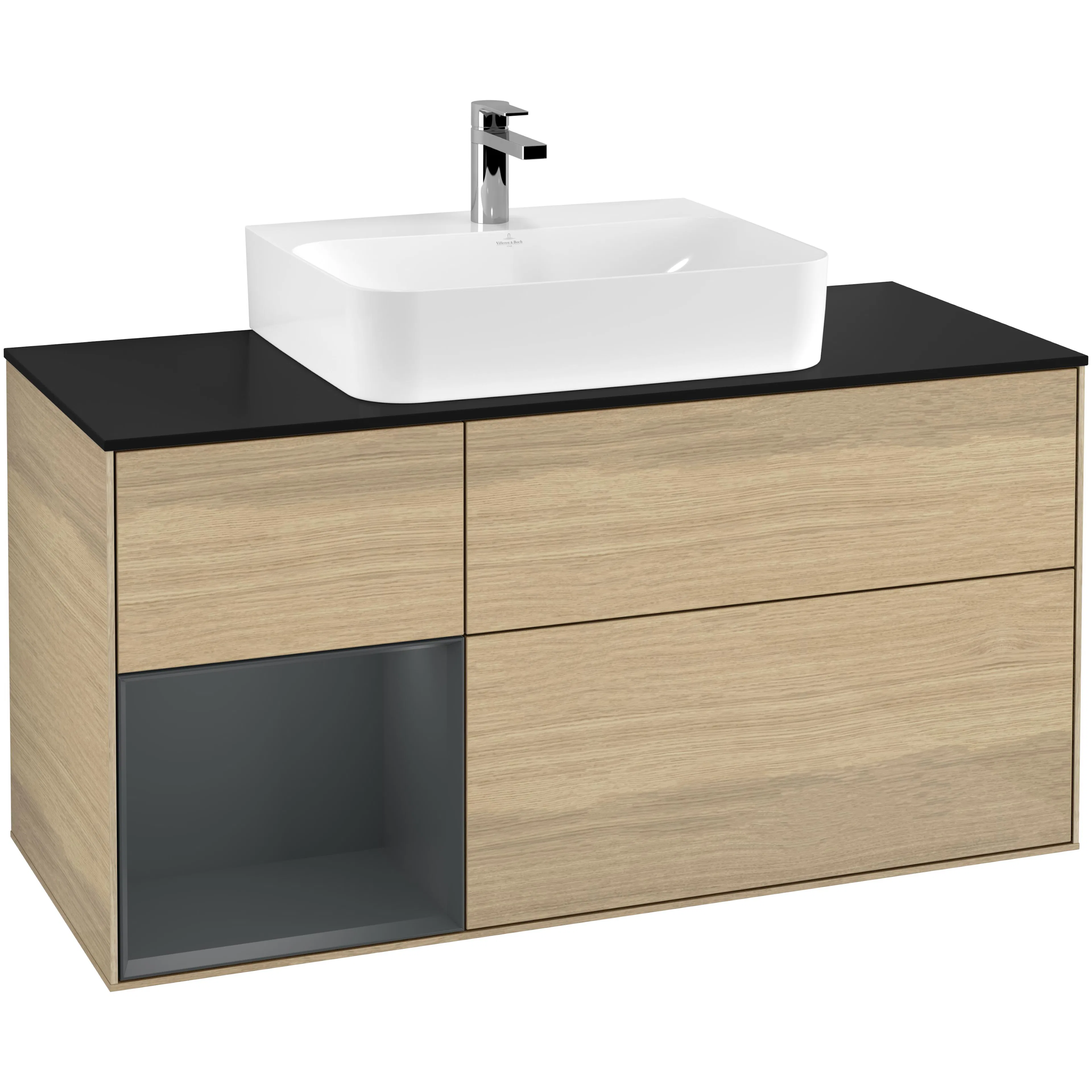 Tvättställsskåp Villeroy & Boch Finion F162HGPC Ekfanér/Midnattsblå Mattlack med bänkskiva i Mattsvart glas, Lucka Vänster