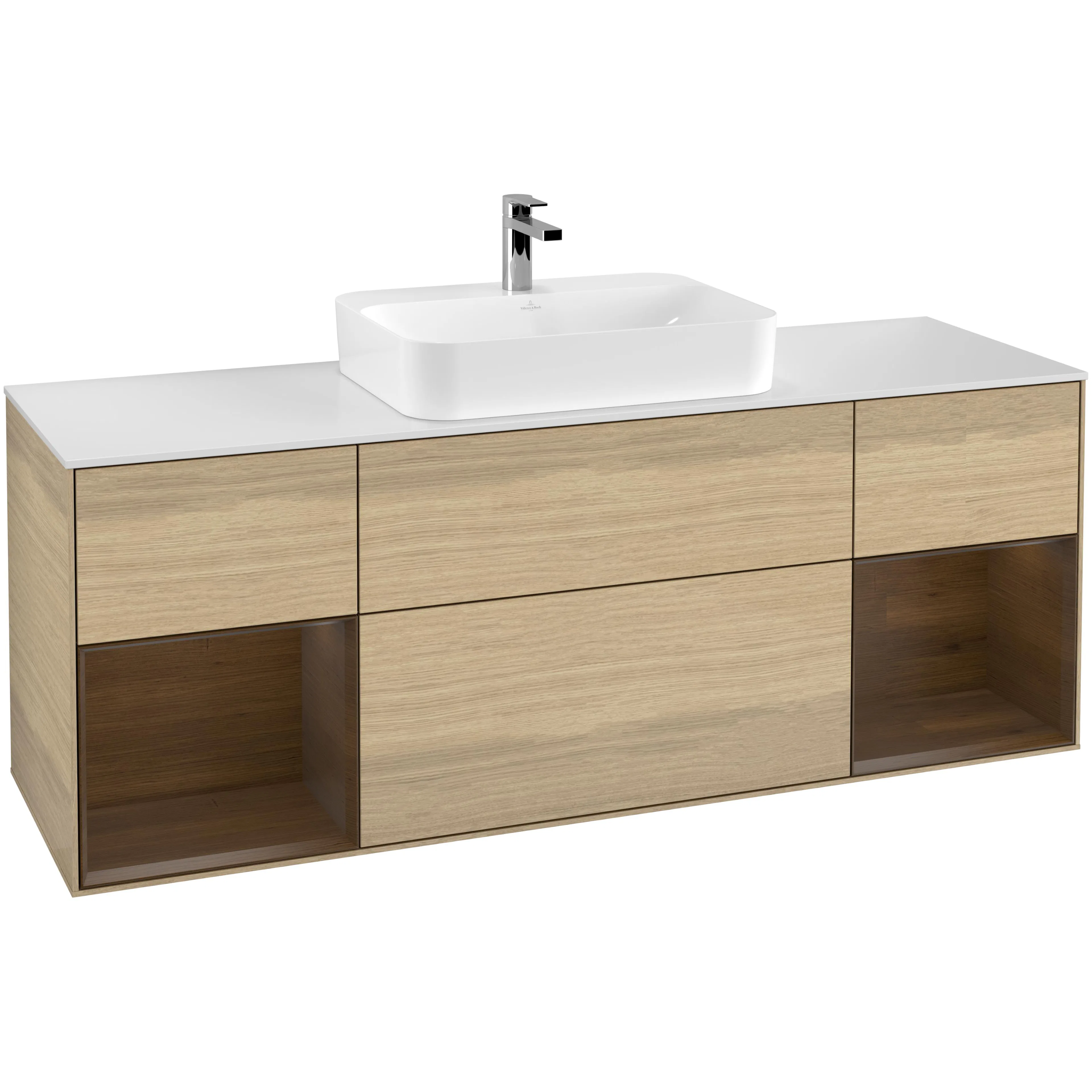 Tvättställsskåp Villeroy & Boch Finion F451GNPC Ekfanér/Valnötsfanér med bänkskiva i Mattvitt glas