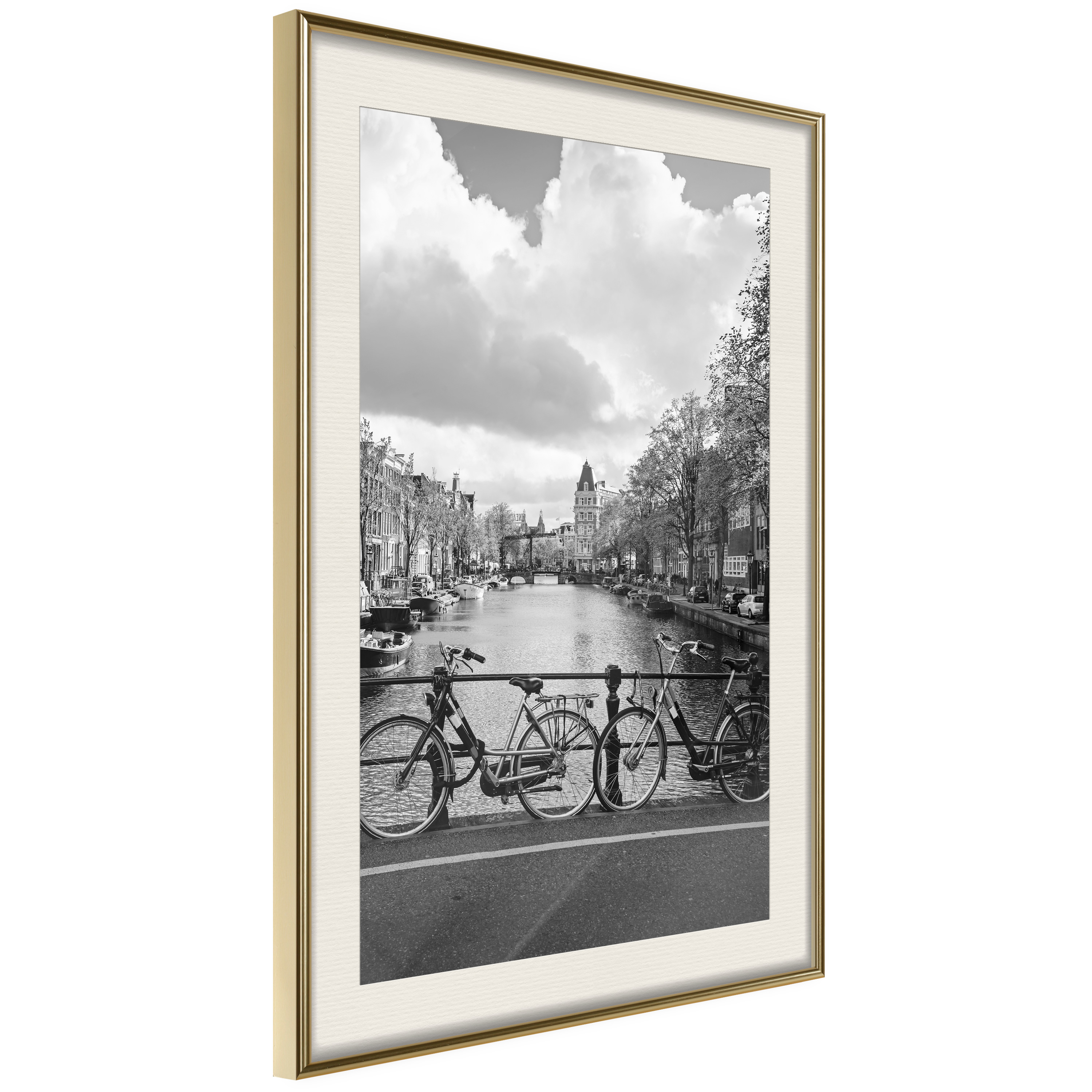 Affisch - Bikes On Bridge [Poster] 30x45 Guld ram med passepartout, 30x45 cm