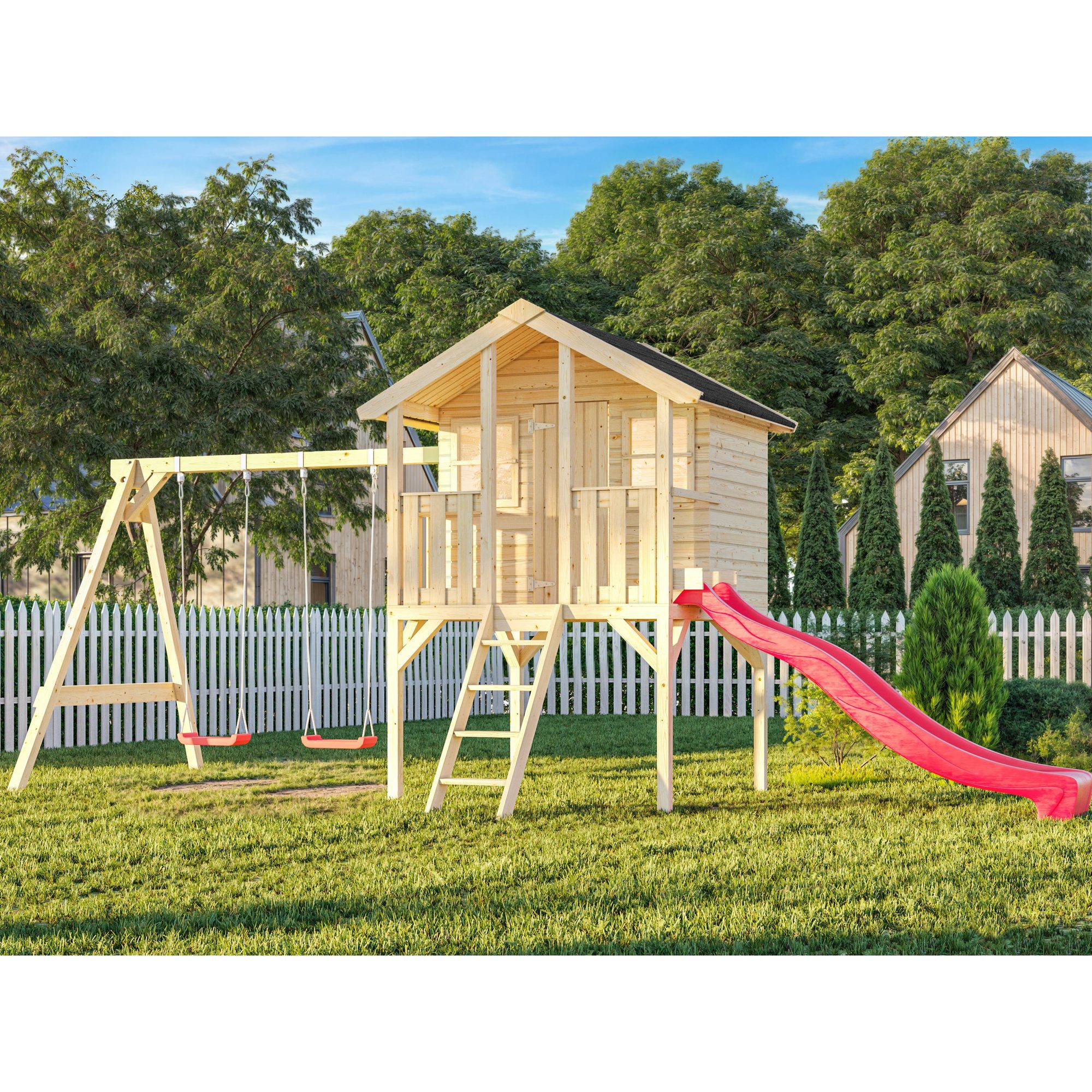 Lekstuga Palmako Toby 2,2 m² Upphöjd Stuga med Gungställning & Altan