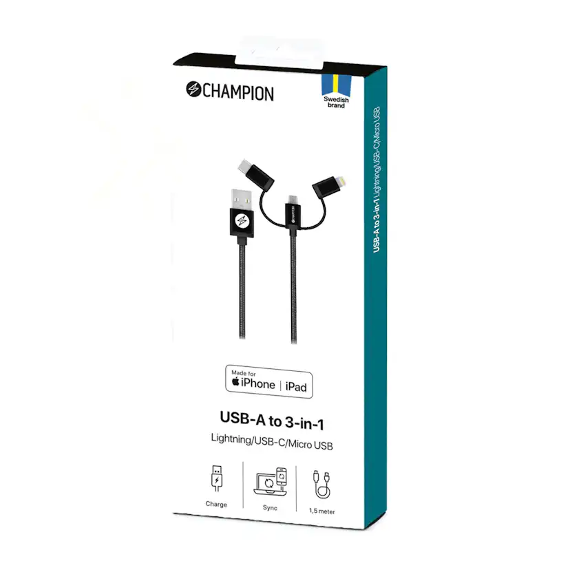 USB-A Champion till Lightning, USB-C och Micro-USB 1,5m Svart