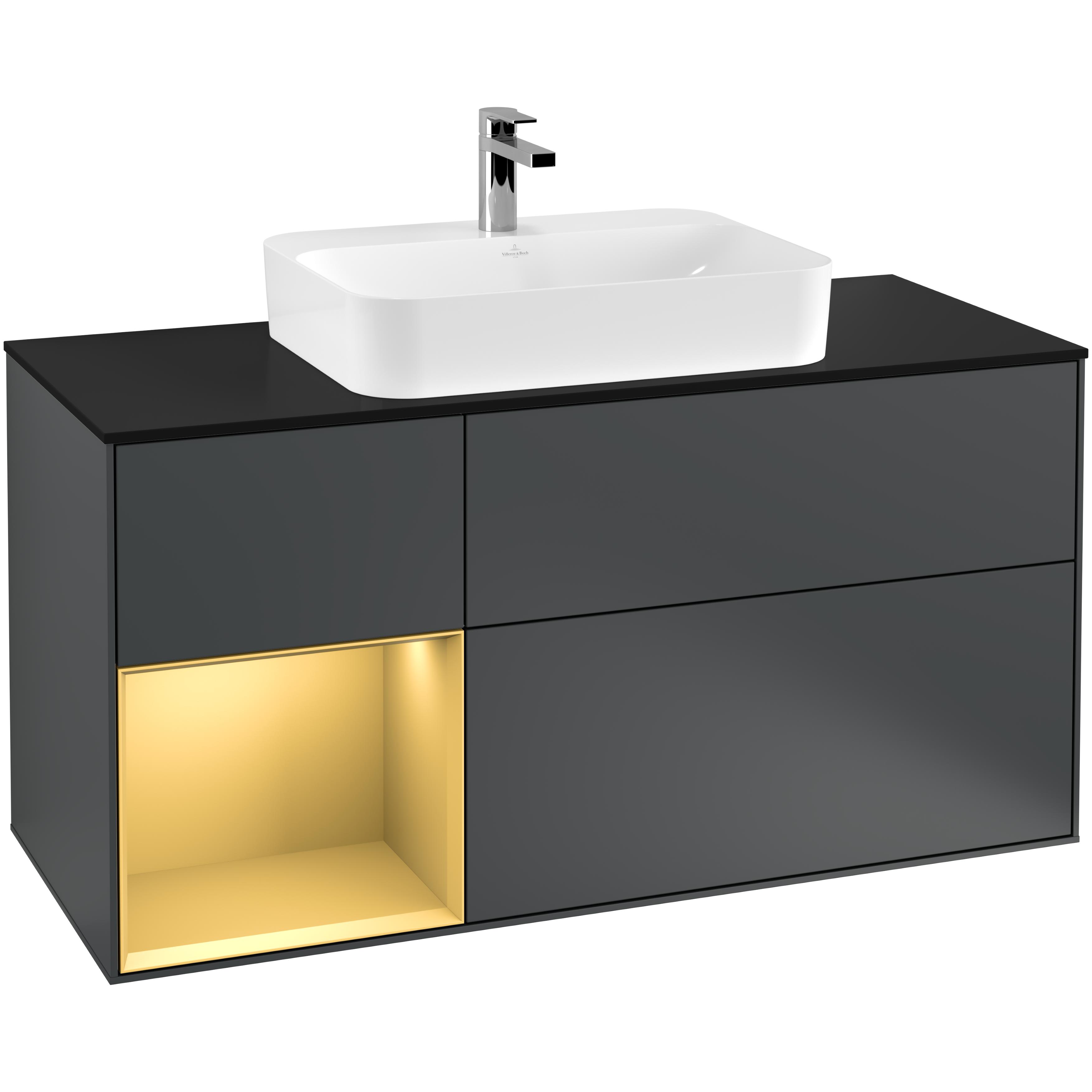 Tvättställsskåp Villeroy & Boch Finion G412HFHG Midnattsblå Mattlack/Guld Mattlack med bänkskiva i Mattsvart glas med Väggbelysning, Lucka Vänster