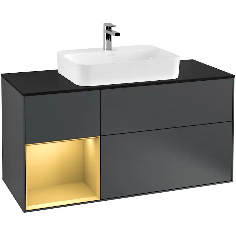 Tvättställsskåp Villeroy & Boch Finion G412HFHG Midnattsblå Mattlack/Guld Mattlack med bänkskiva i Mattsvart glas med Väggbelysning, Lucka Vänster