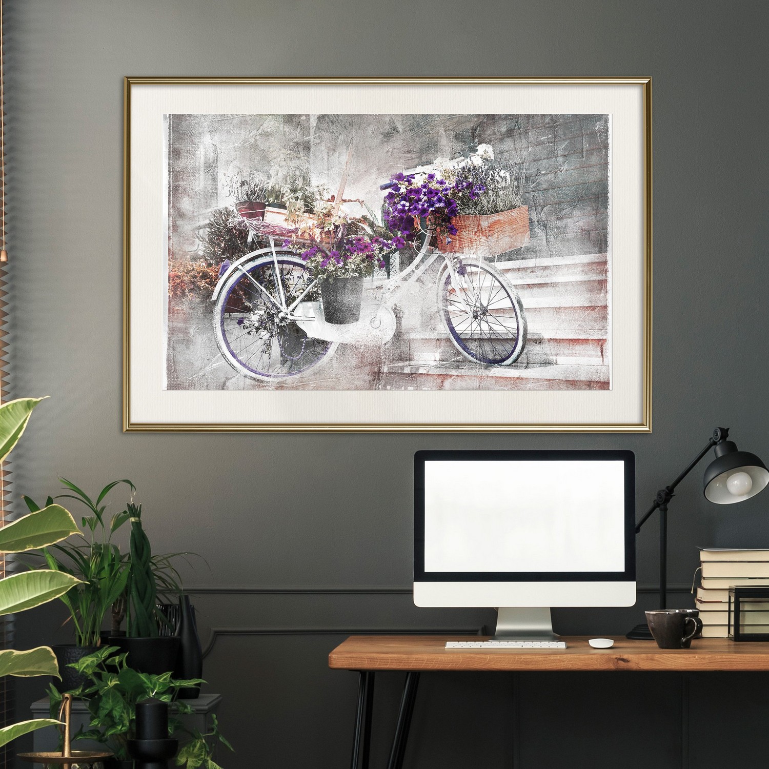 Affisch - Floral Bike [Poster] 30x20 Guld ram med passepartout, 30x20 cm