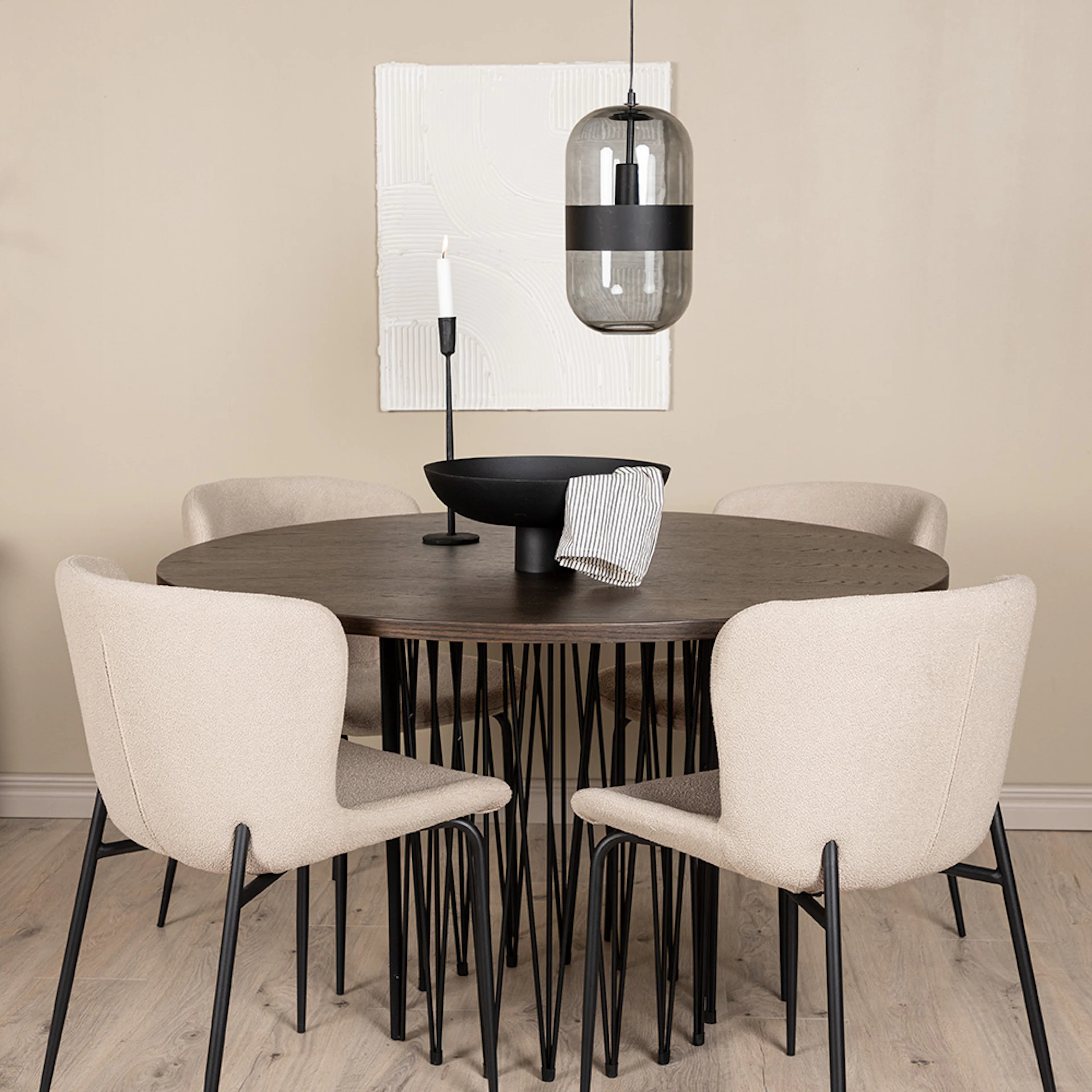 Stone round Dining Table - Black / Mocca Veneer +Modesto Din Beige/Ek