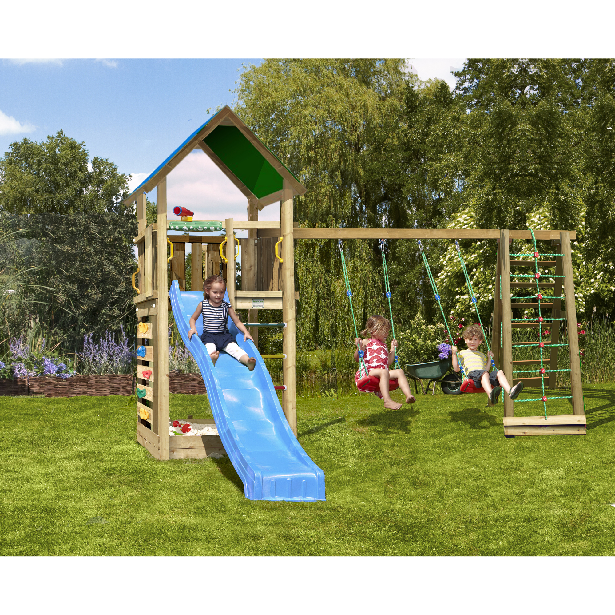 Lektorn Jungle Gym Lodge 2.1 m/2 Climb Modul Med Blå Rutschkana