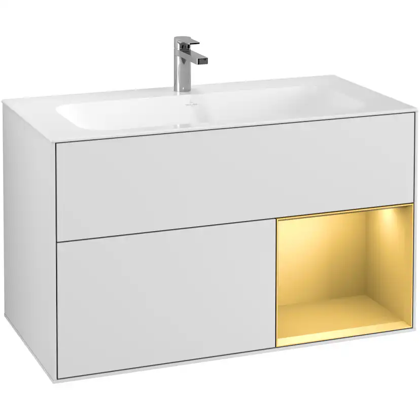 Tvättställsskåp Villeroy & Boch Finion F040HFMT Vit Mattlack/Guld Mattlack, Lucka Höger