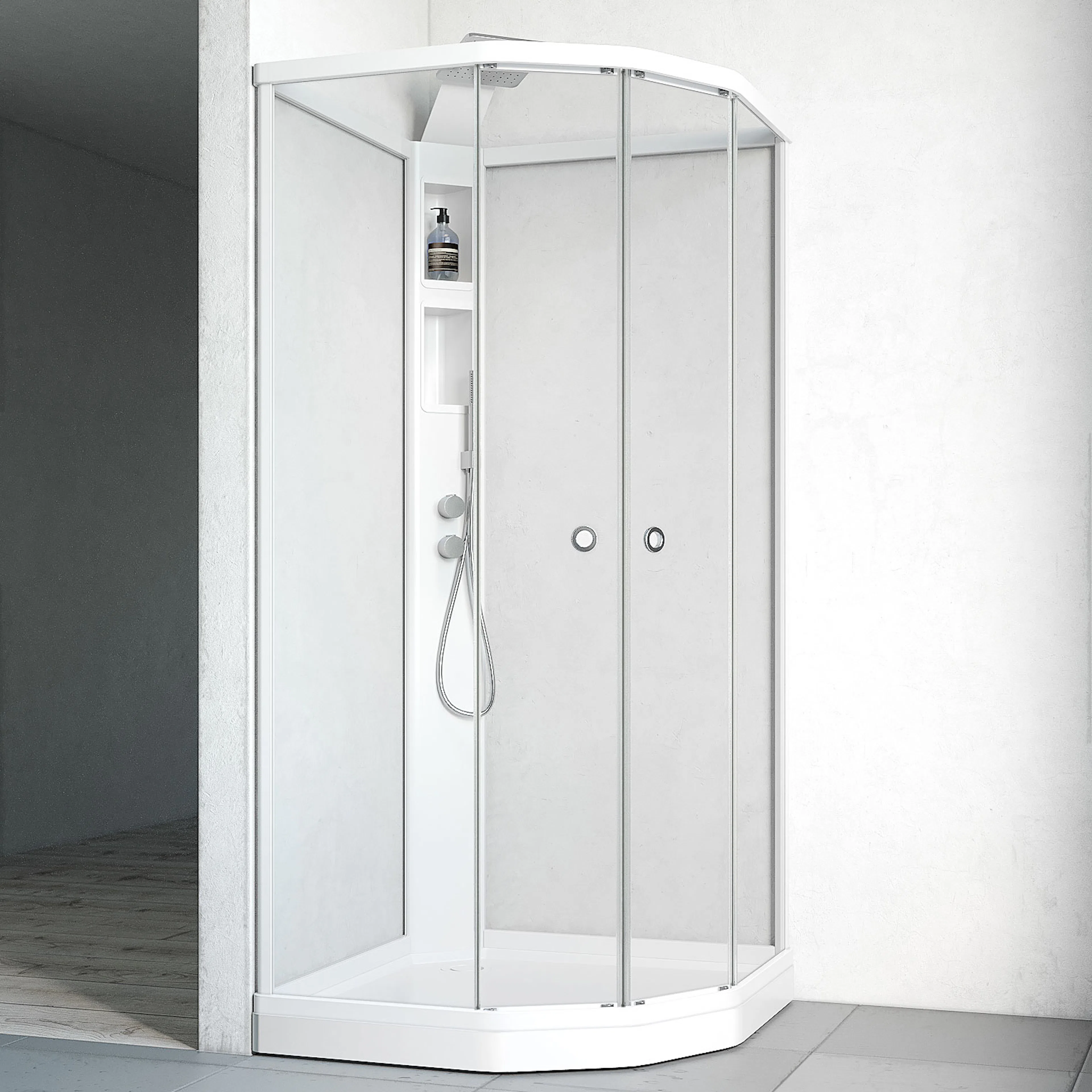 Flow kab Semi InfBl 9x9 V KL 910x910 mm, Vit Profil, Klarglas
