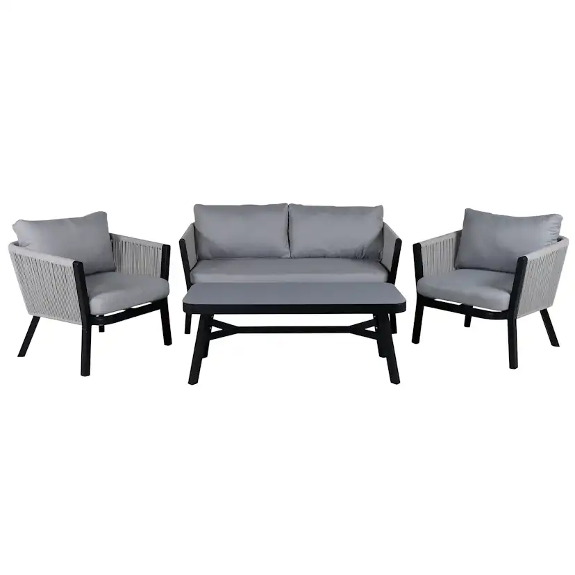 Virya Lounge set (3+2+1) BLACK alu / Grey rope / grey cushio Svart/Grå