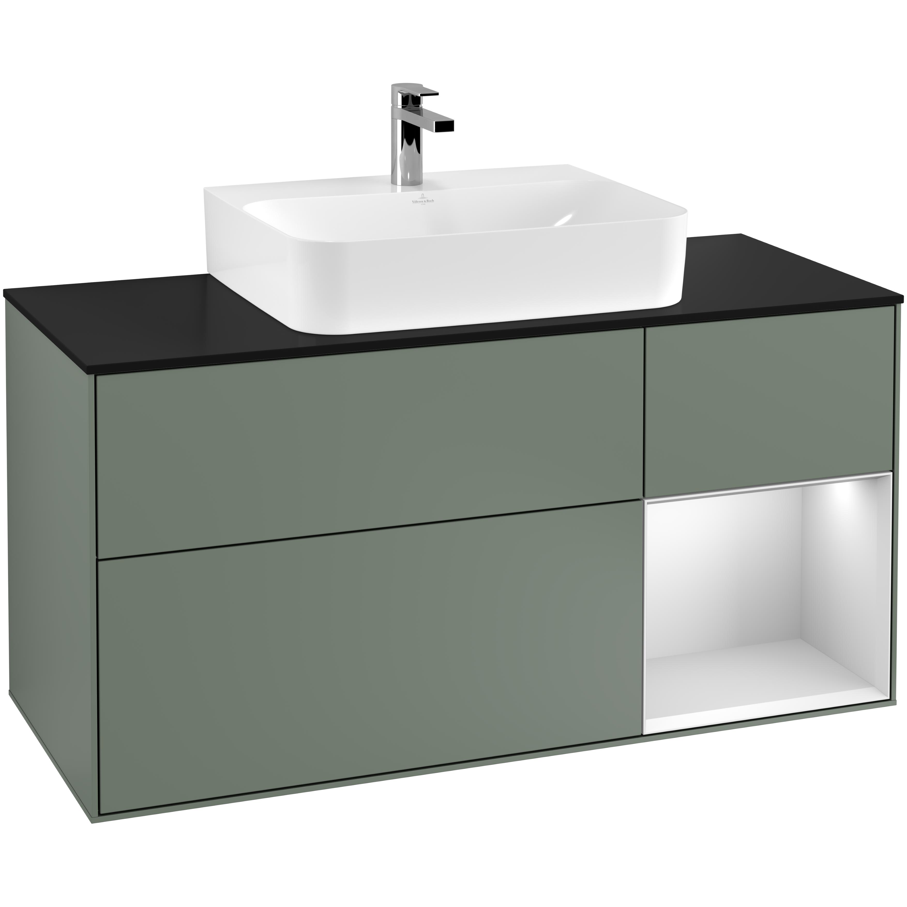Tvättställsskåp Villeroy & Boch Finion G172MTGM Oliv Mattlack/Vit Mattlack med bänkskiva i Mattsvart glas med Väggbelysning, Lucka Höger