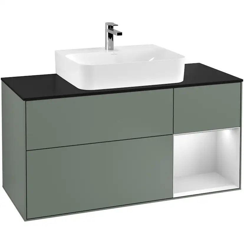 Tvättställsskåp Villeroy & Boch Finion G172MTGM Oliv Mattlack/Vit Mattlack med bänkskiva i Mattsvart glas med Väggbelysning, Lucka Höger