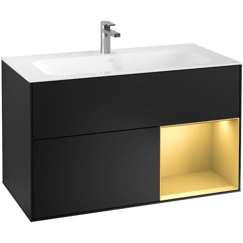 Tvättställsskåp Villeroy & Boch Finion F040HFPD Svart Mattlack/Guld Mattlack, Lucka Höger