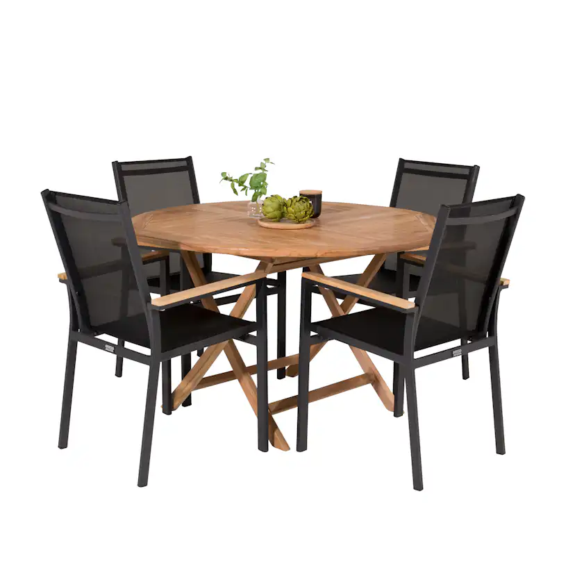 Kenya Round Bordø120cm-Teak+Texas stol-svart/Teak4 Svart/Teak