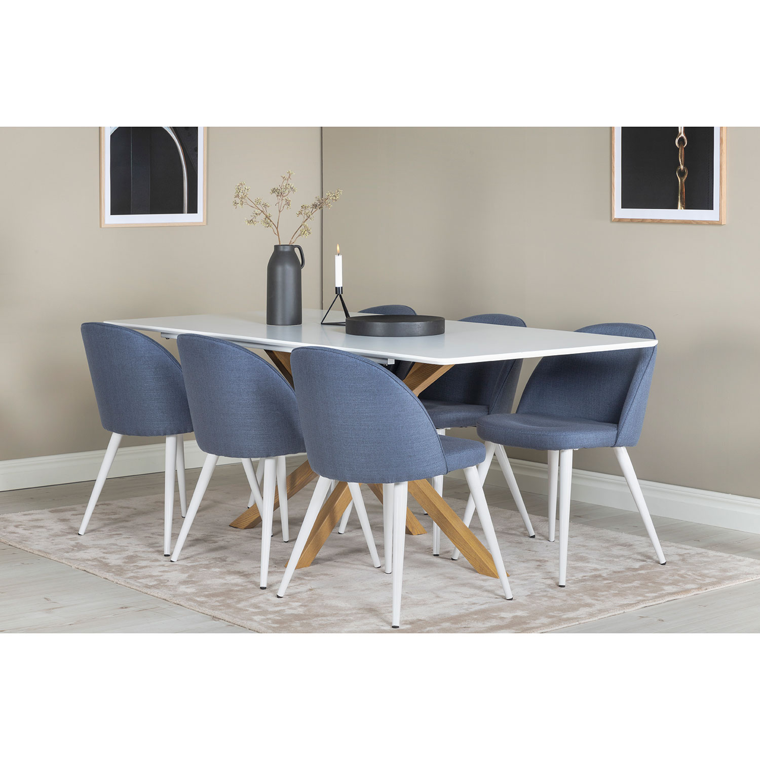 Piazza Dining Table - 180*90*75 - White / Oak+Velvet Dining Blå/Vit
