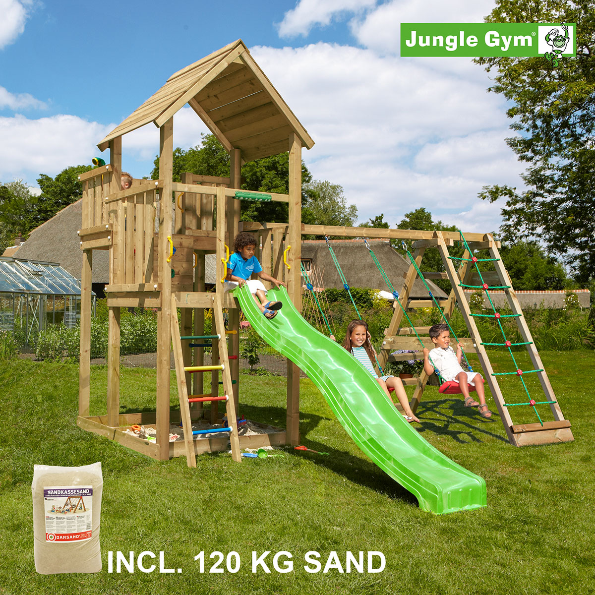 Lektorn Jungle Gym Palace Komplett Inkl Climb Modul X'tra, 120 kg Sand, Rutschkana och Klättervägg