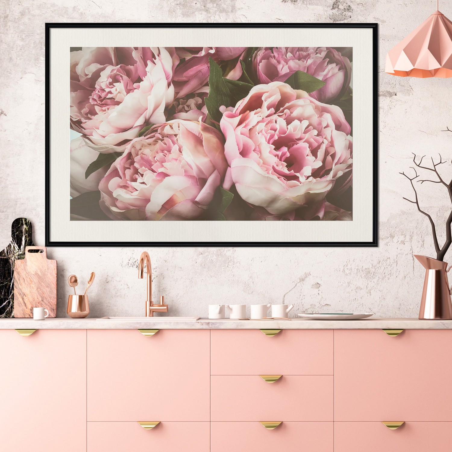 Affisch - Pink Peonies [Poster] 45x30 Svart ram med passepartout, 45x30 cm