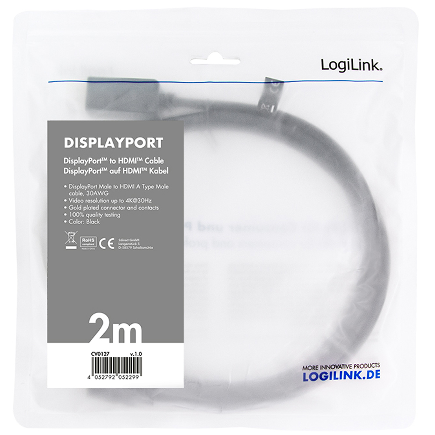 Kabel LogiLink  DisplayPort 1.2 till HDMI 1.4 4K 2 m