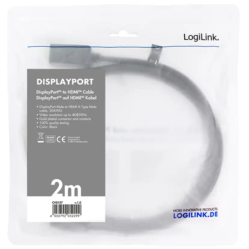 Kabel LogiLink DisplayPort 1.2 till HDMI 1.4 4K 2 m