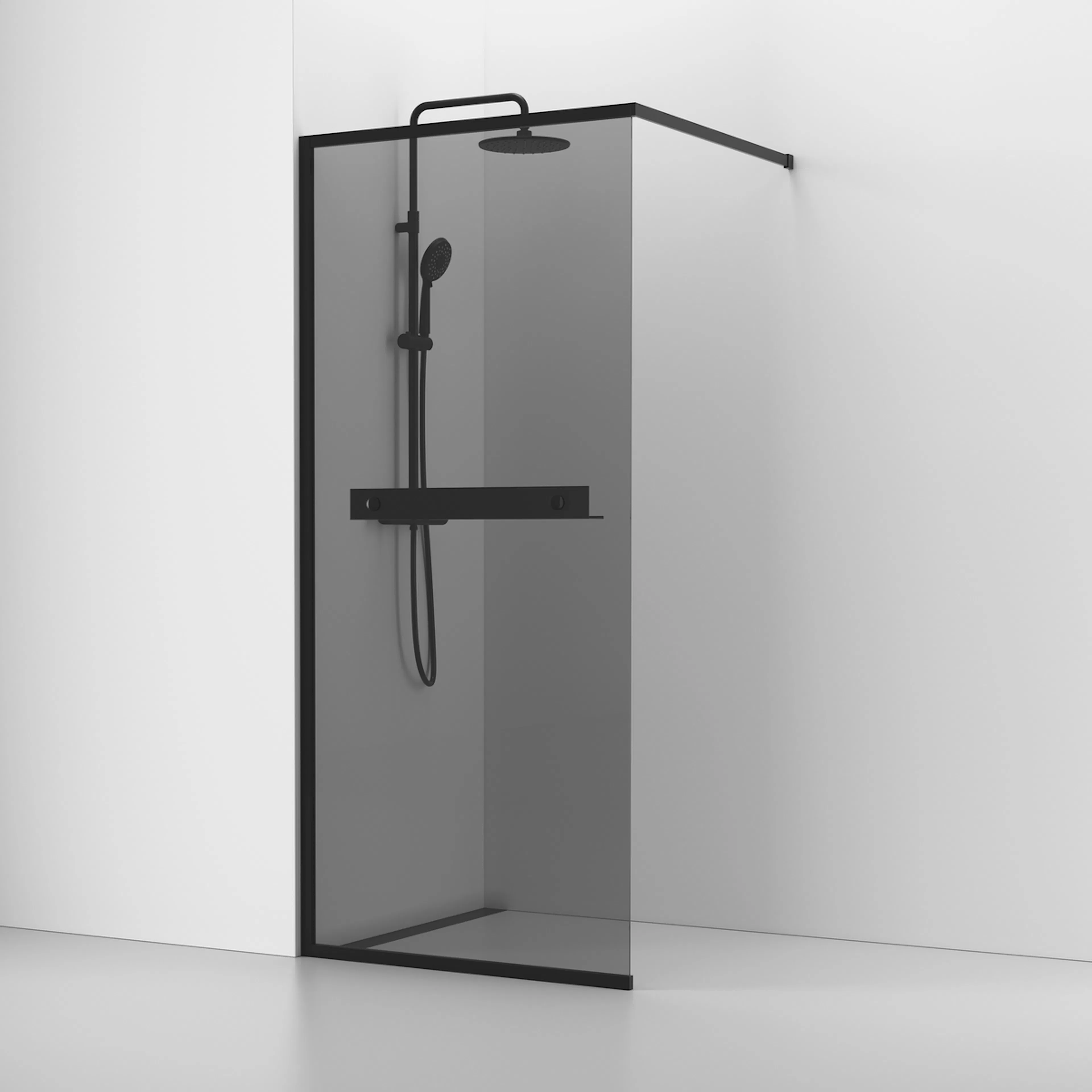 Langfoss Skärmvägg Rak/Fast 90x200 Svart Matt/Rök Hylla B: 900 mm, H: 2000 mm, Profil: Mattsvart, Rökglas, Med Hylla