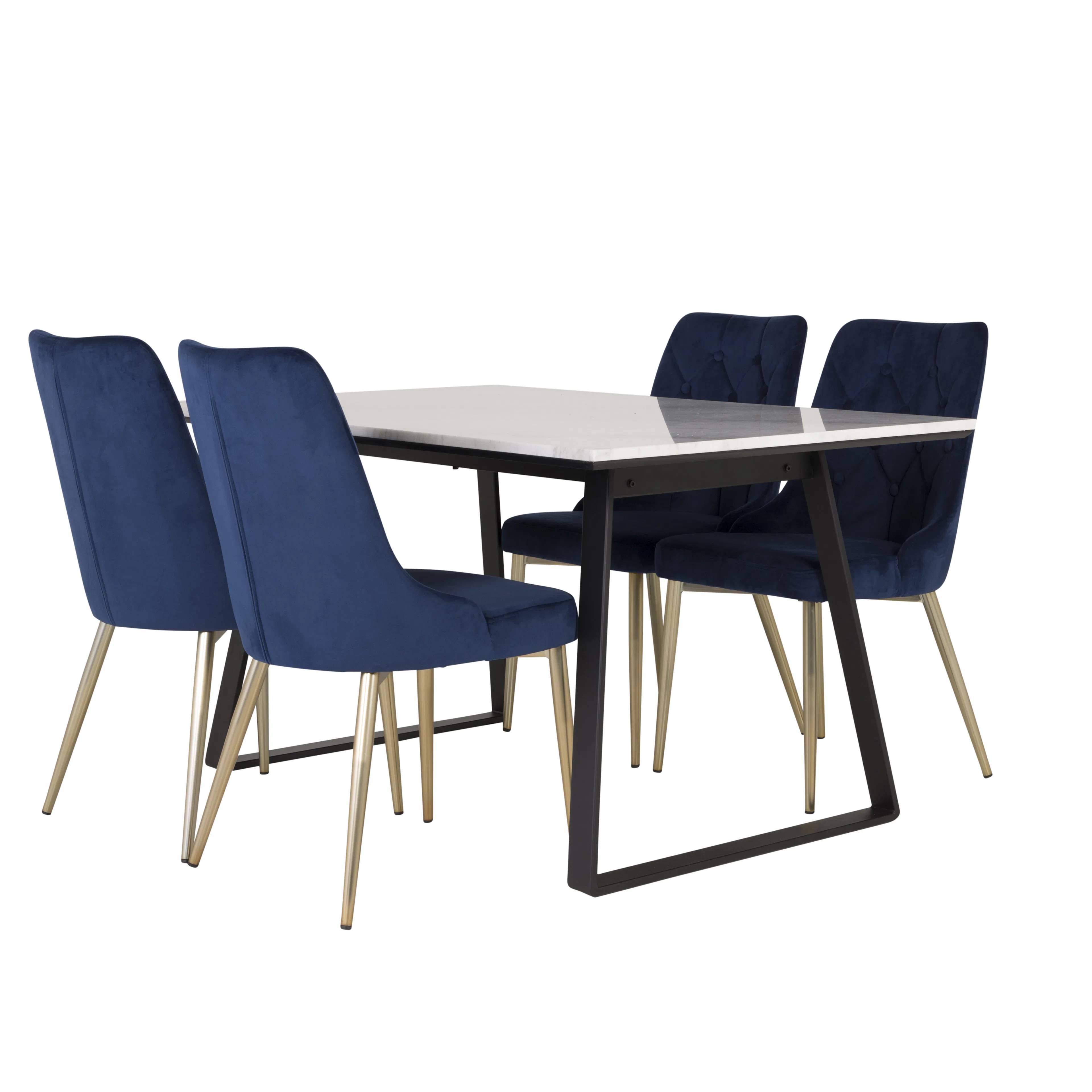 EstelleBord140*90-VitMarble/Black+Stol-Mässing/BlåSammet4 Vit Bord med Svarta Ben, Blå Stol med Mässingsben