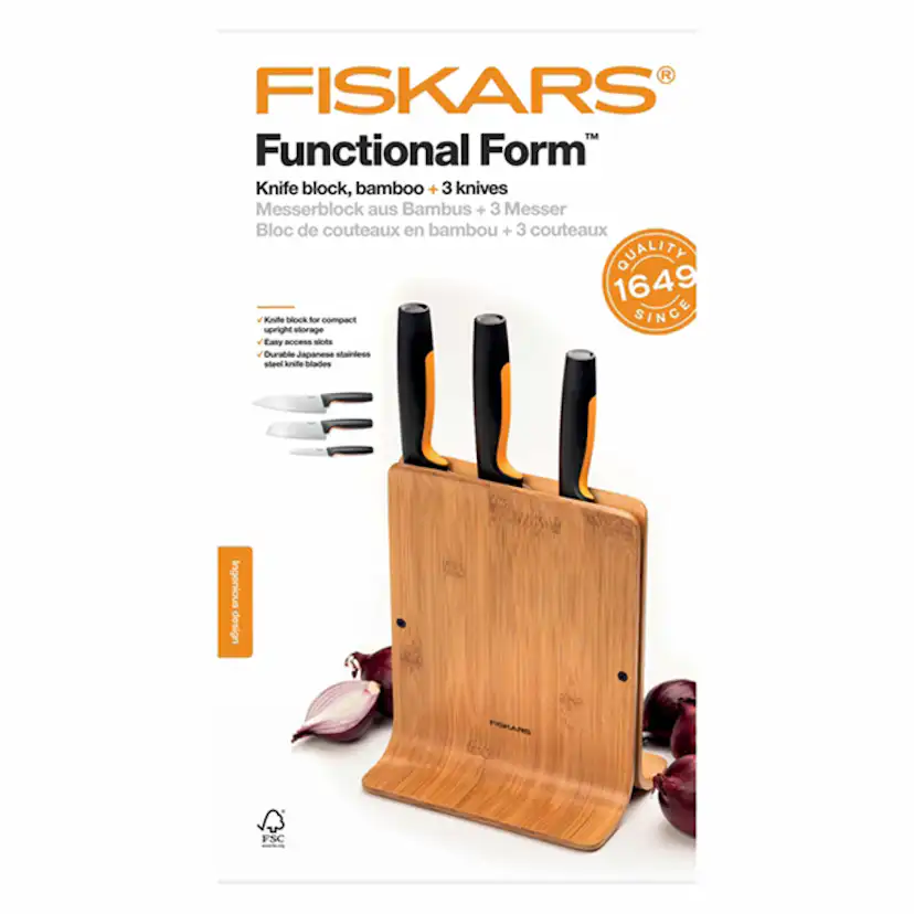 Knivblock Fiskars Functional Form i Miljövänligt Bambu Inkl 3 Proffessionella Knivar