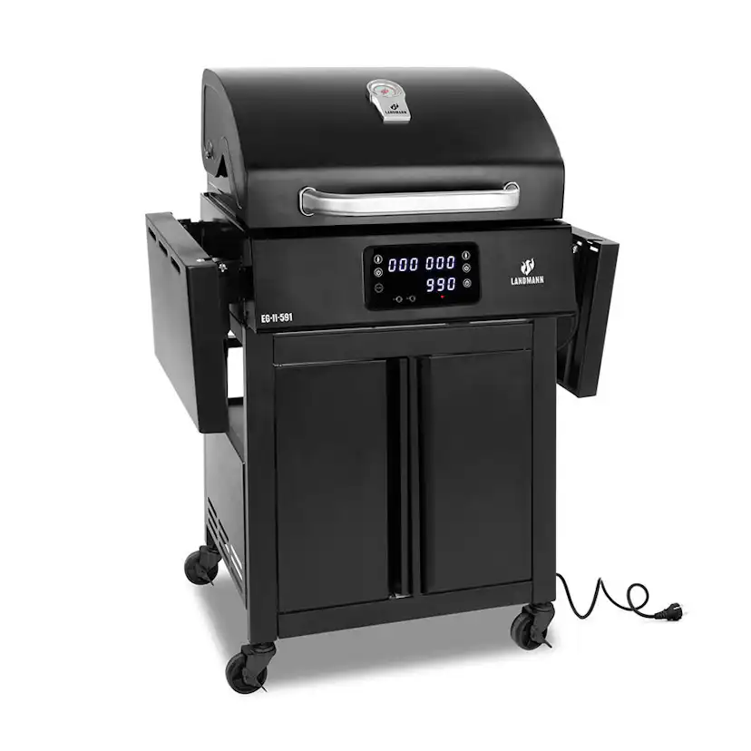 Elgrill Landmann 1192 Black 2023 med Gjutjärnsgaller med Inbyggd Termometer & Sidobord