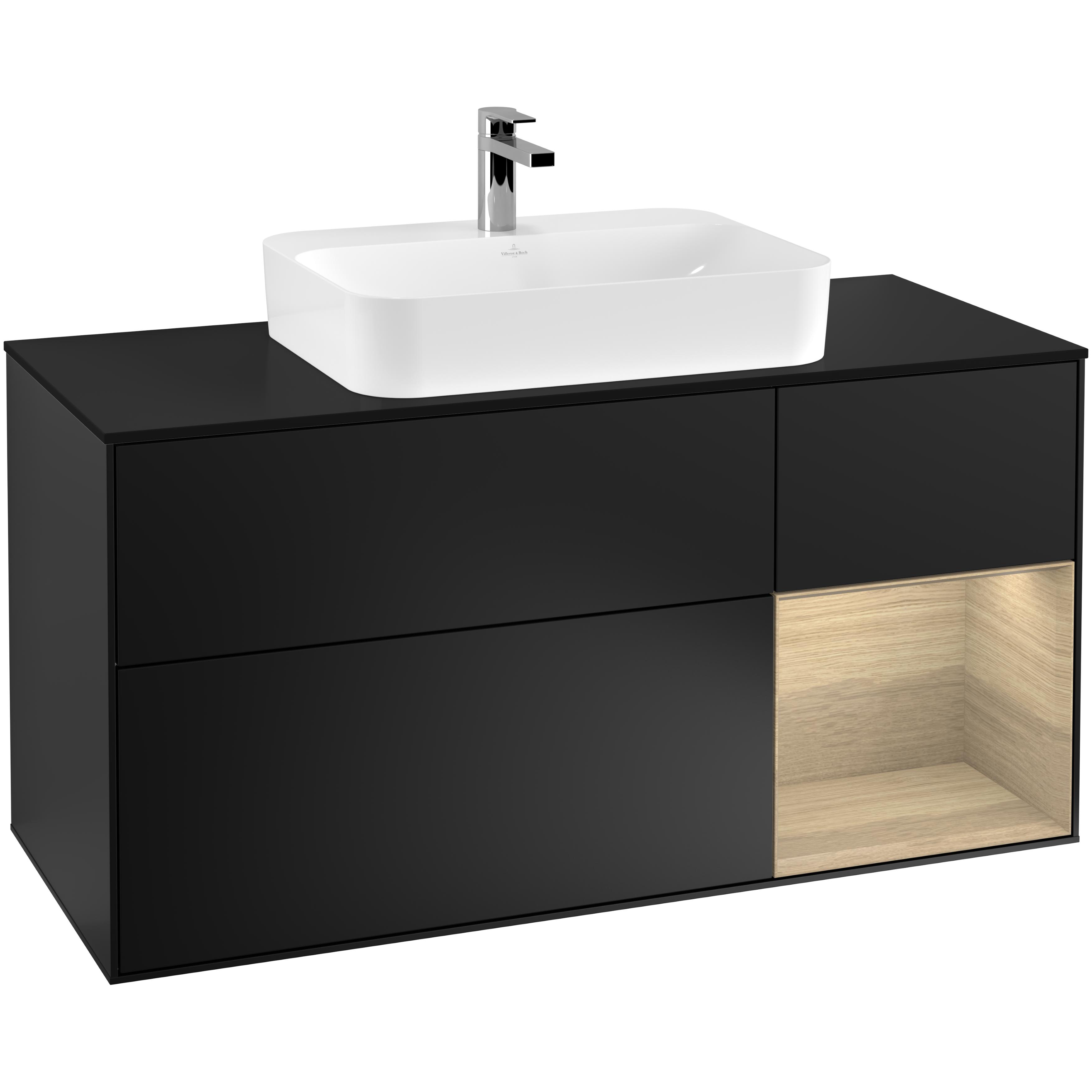 Tvättställsskåp Villeroy & Boch Finion G422PCPD Svart Mattlack/Ekfanér med bänkskiva i Mattsvart glas med Väggbelysning, Lucka Höger