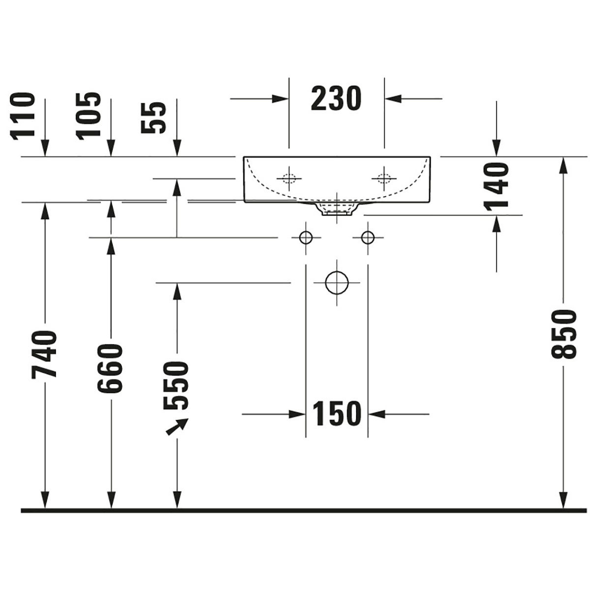 Tvättställ DuraSquare 450 mm, vägghängt BxD: 450x350 mm