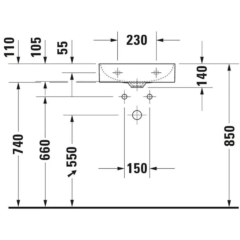 Tvättställ DuraSquare 450 mm, vägghängt BxD: 450x350 mm