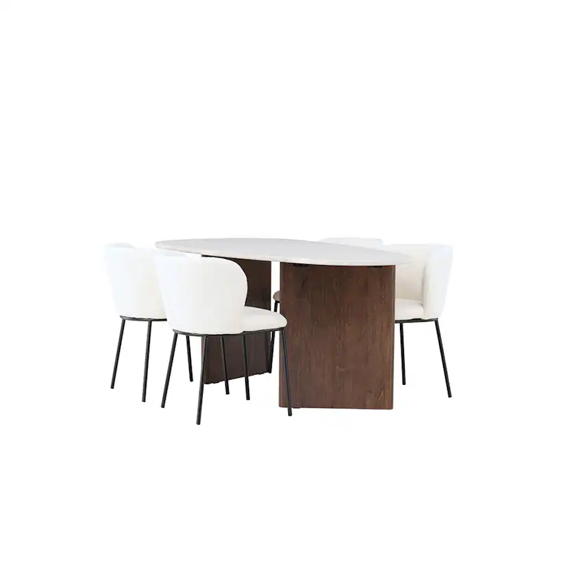 Matgrupp Venture Home Grönvik Ovalt Matbord 180 cm & 4 Edina Stolar i Vit Boucle