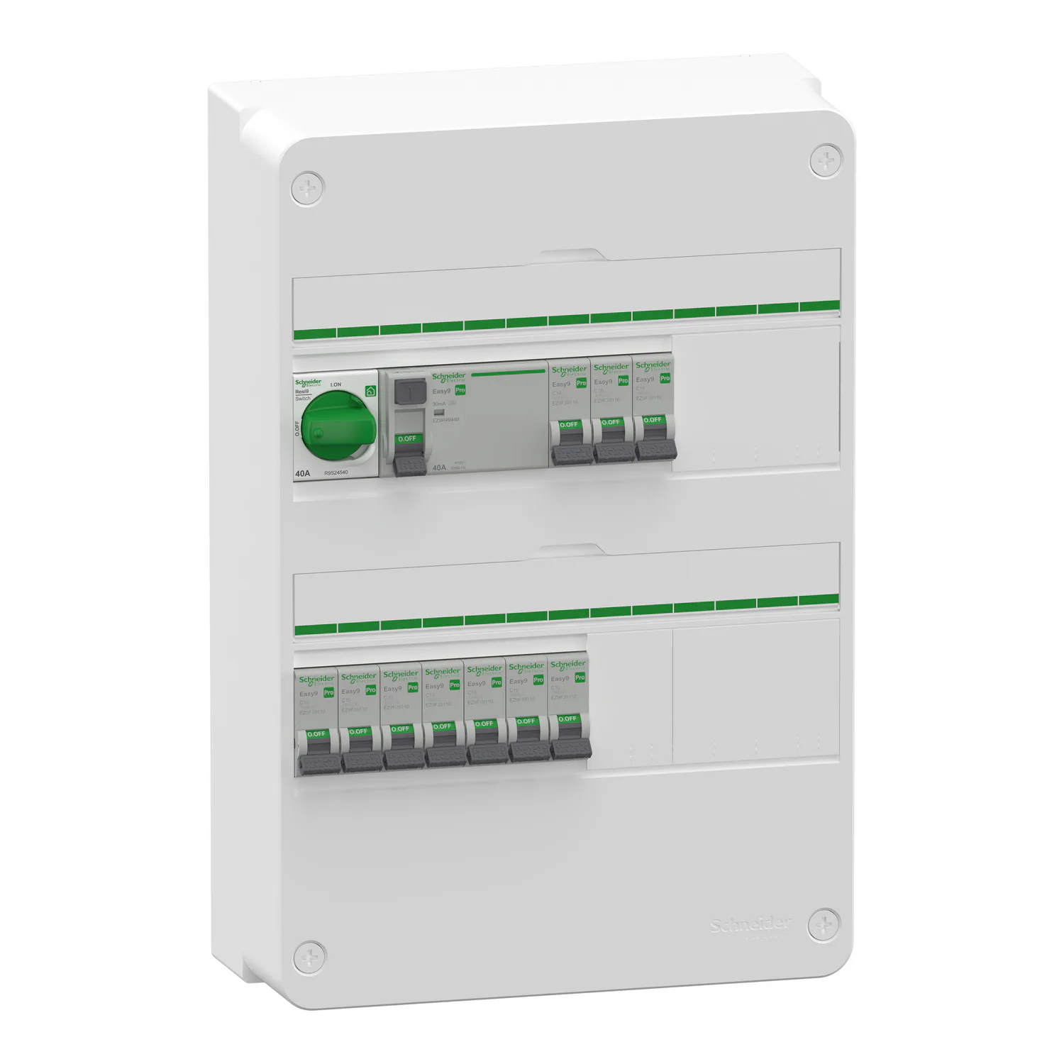 Normcentral Schneider Electric Easy9 Förmonterad 2 × 13 Moduler 1 jordfelsbrytare + 10 minibrytare IP30