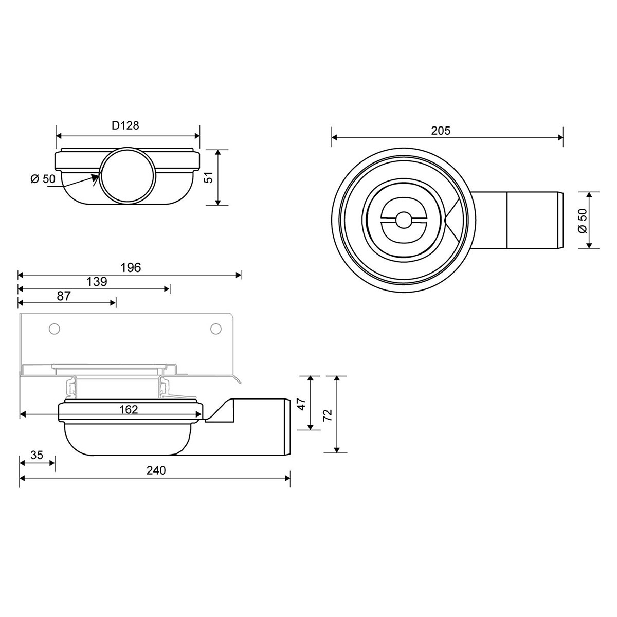 Utloppshus Unidrain Hörn 50 mm